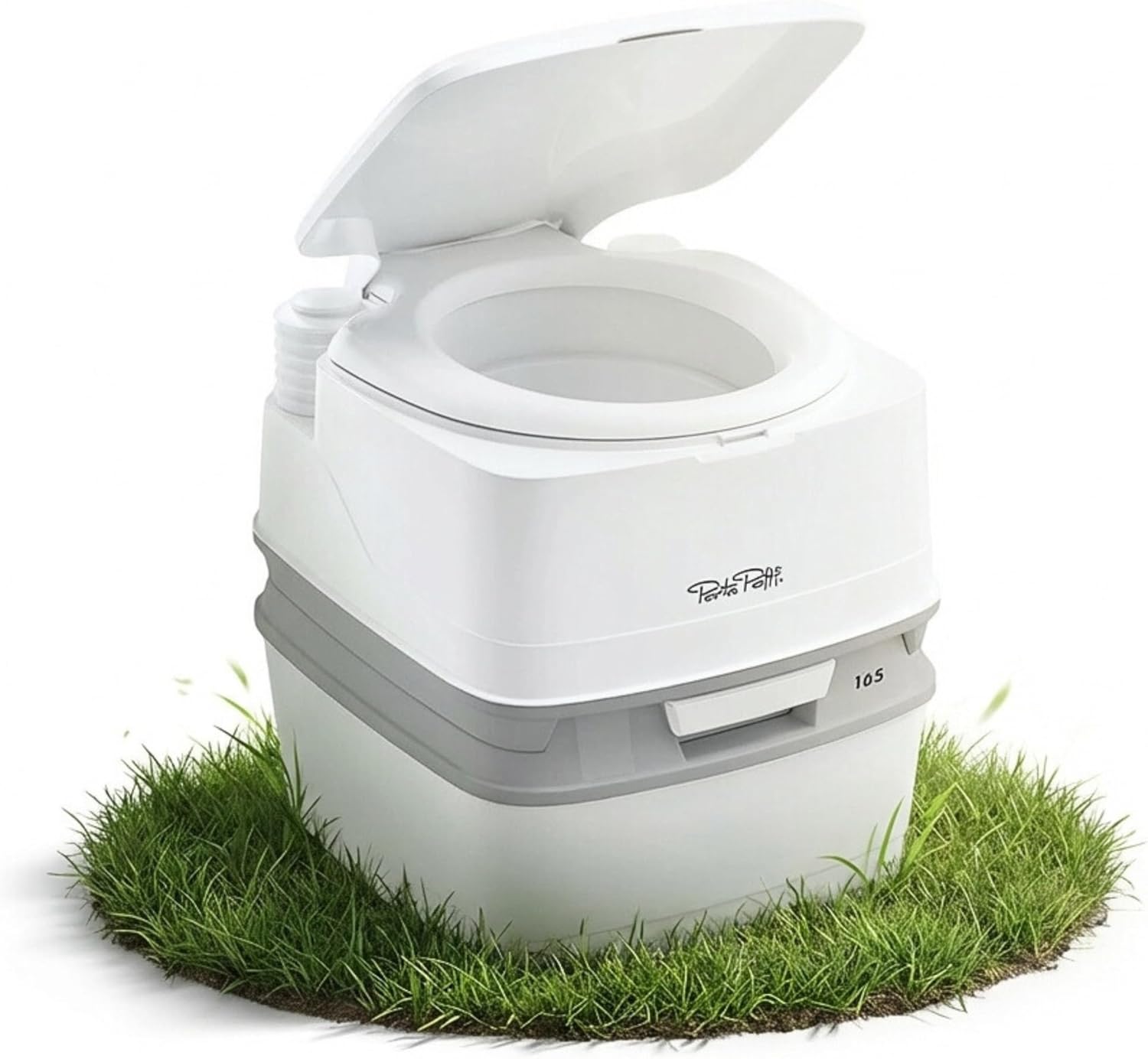 Thetford Porta Potti Qube 165 portable flush toilet standing on grass with the lid raised
