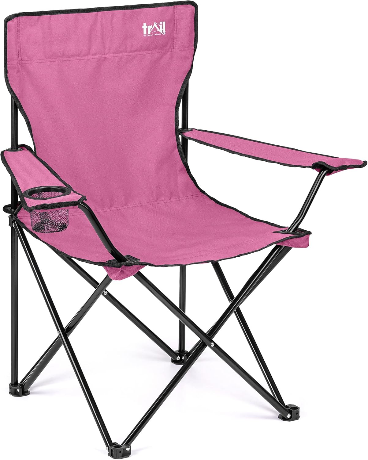 Trail folding camping chair in pink with black tubular steel scissor frame and mesh cup holder in the left armrest
