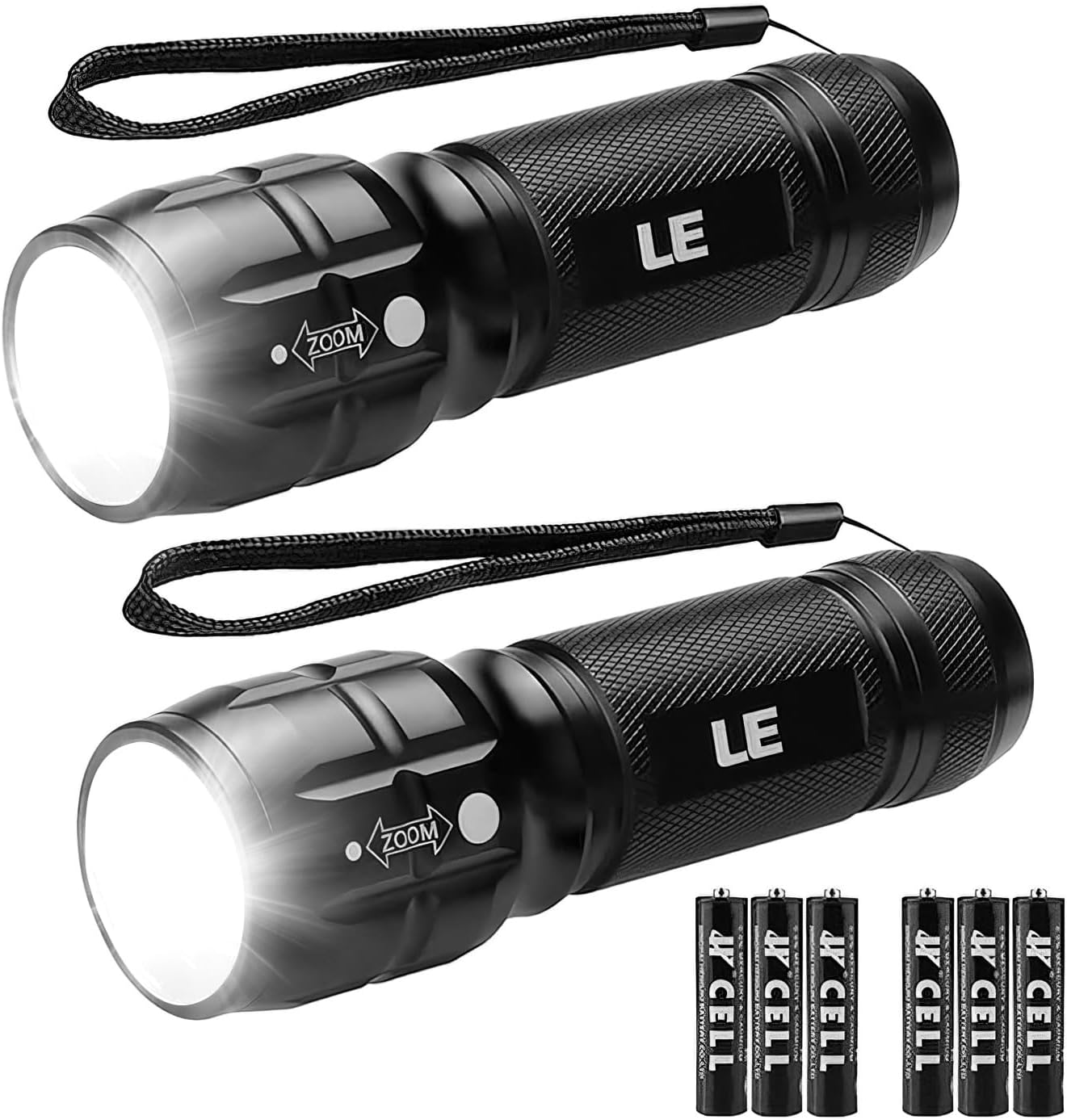 Two black LE branded zoomable LED torches with wrist straps, shown alongside six AAA batteries