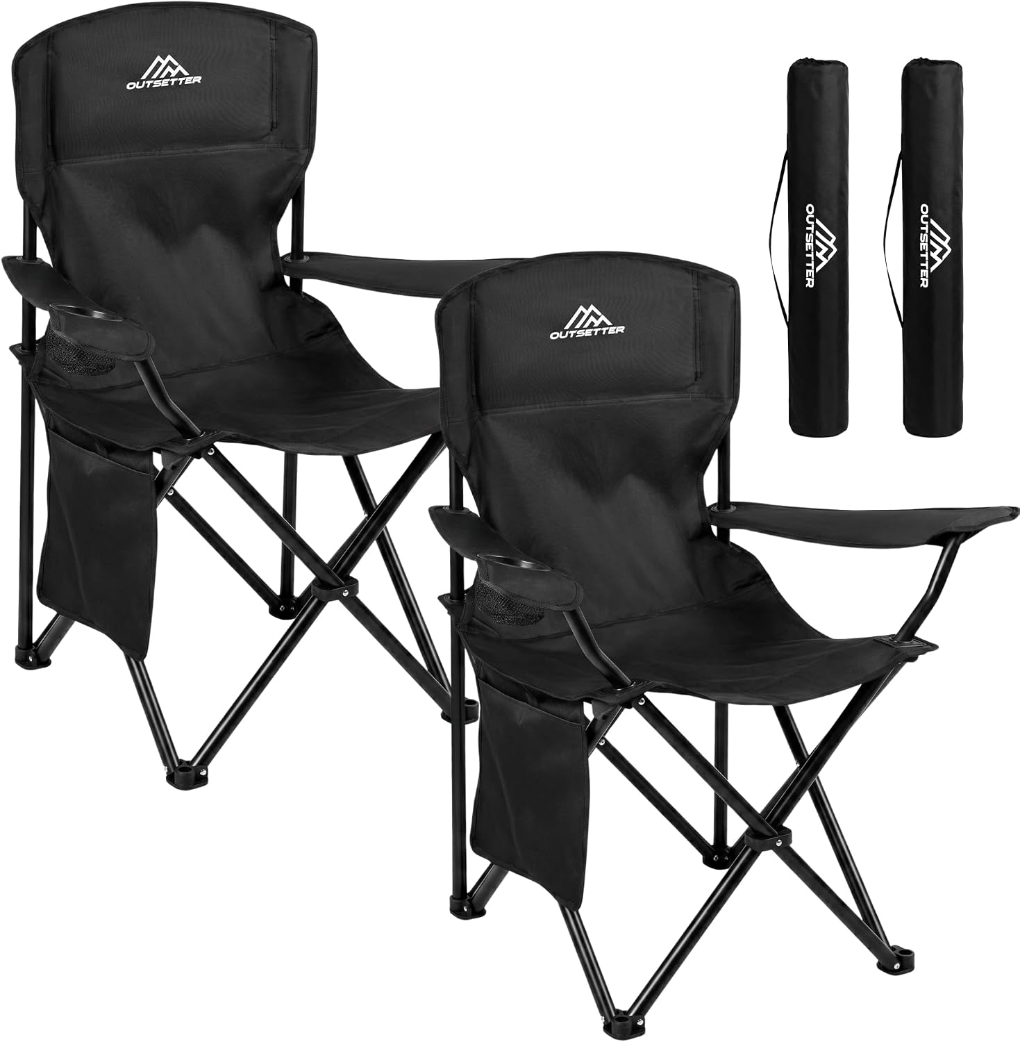 Vivo Technologies set of two black folding camping chairs with mesh cup holders, side pockets and matching carry bags