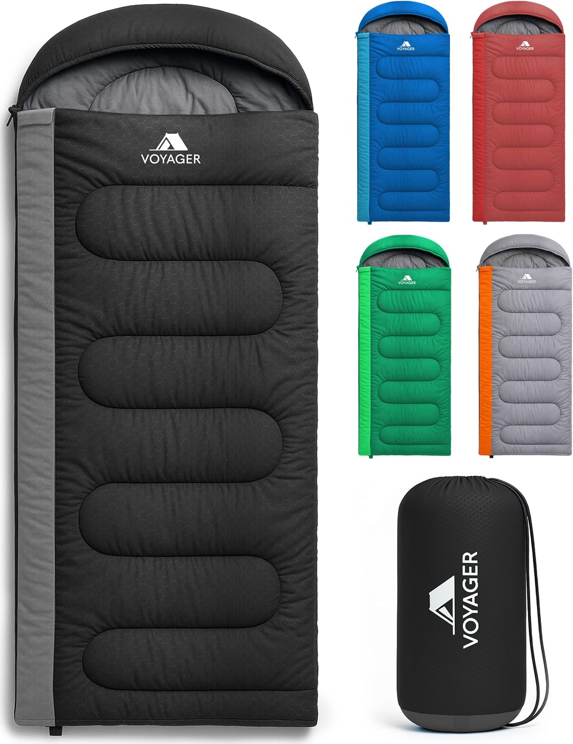 Voyager Sleeping Bag for Adults, a lightweight 3-4 season sleeping bag with hood and stuff sack