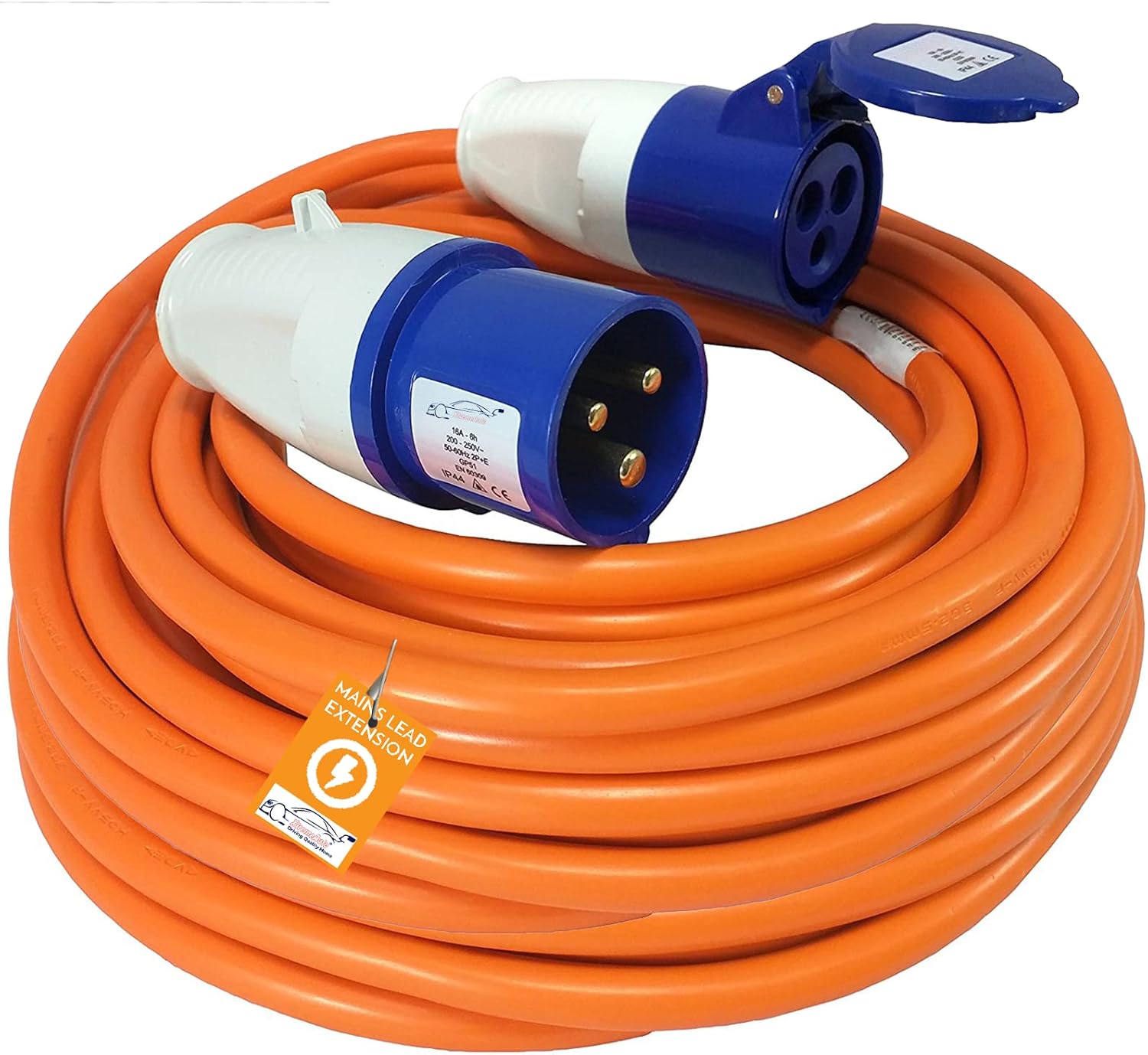 Xtremeauto 25m orange caravan mains hook up cable coiled, with blue EN 60309 plug and socket