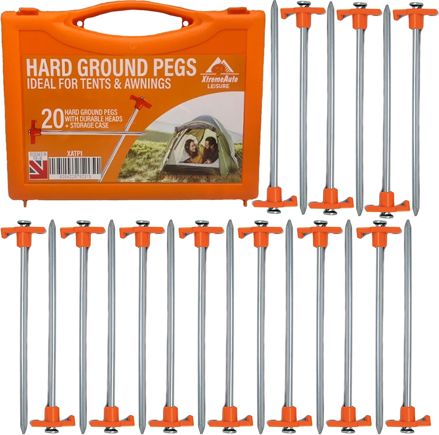 Xtremeauto heavy duty tent pegs, twenty galvanised steel ground pegs with orange plastic T-heads, laid out beside their orange hard plastic carry case