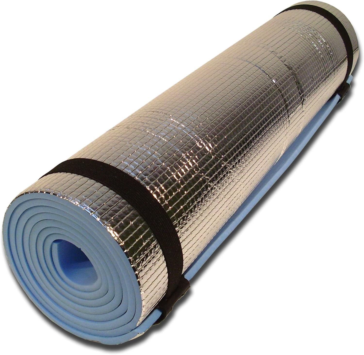 Yellowstone EVA camping mat in blue with silver foil backing, rolled up with elastic straps