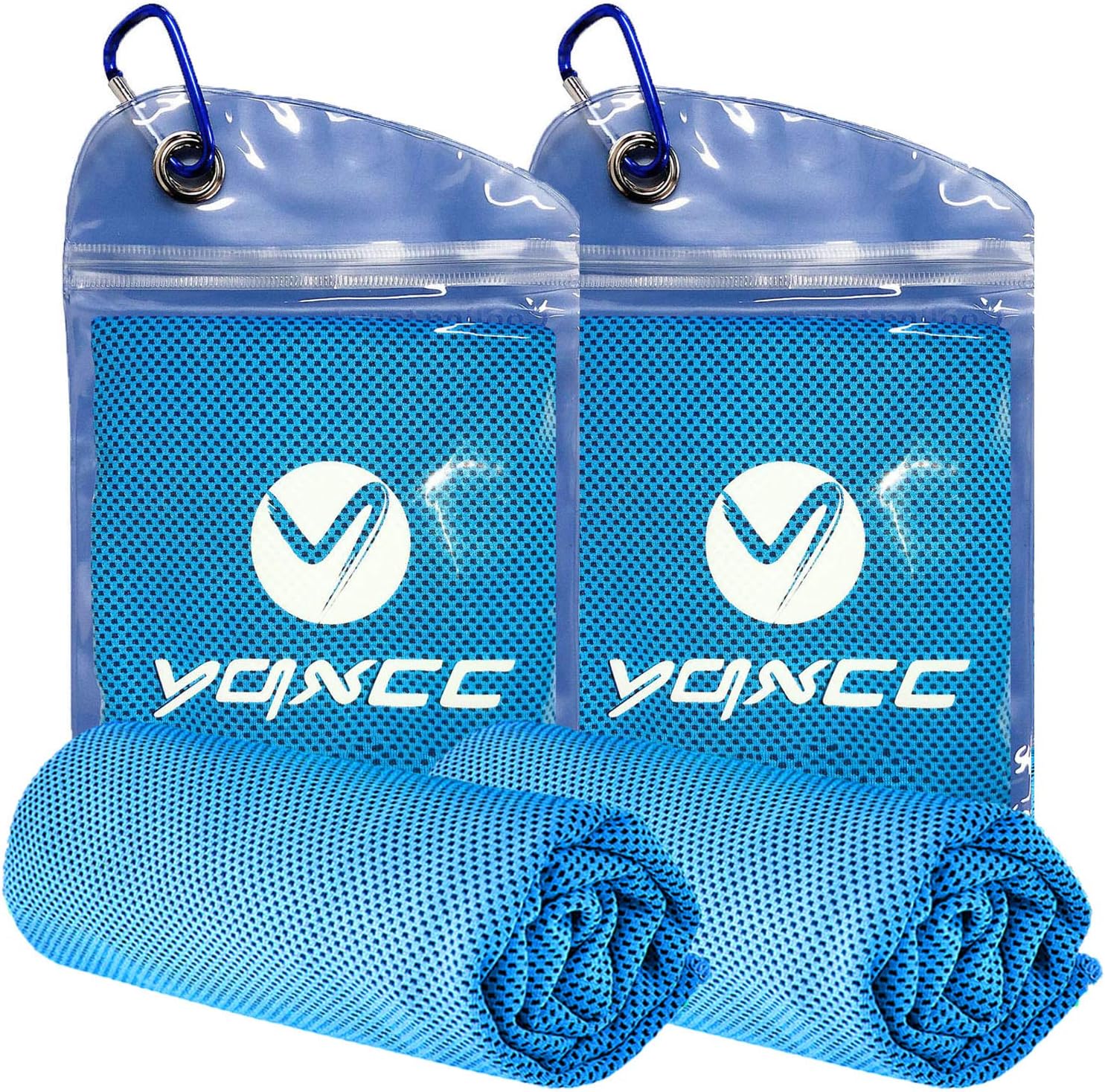 YQXCC 2 pack cooling towels in subtle colours laid flat with their carry pouches and carabiner clips