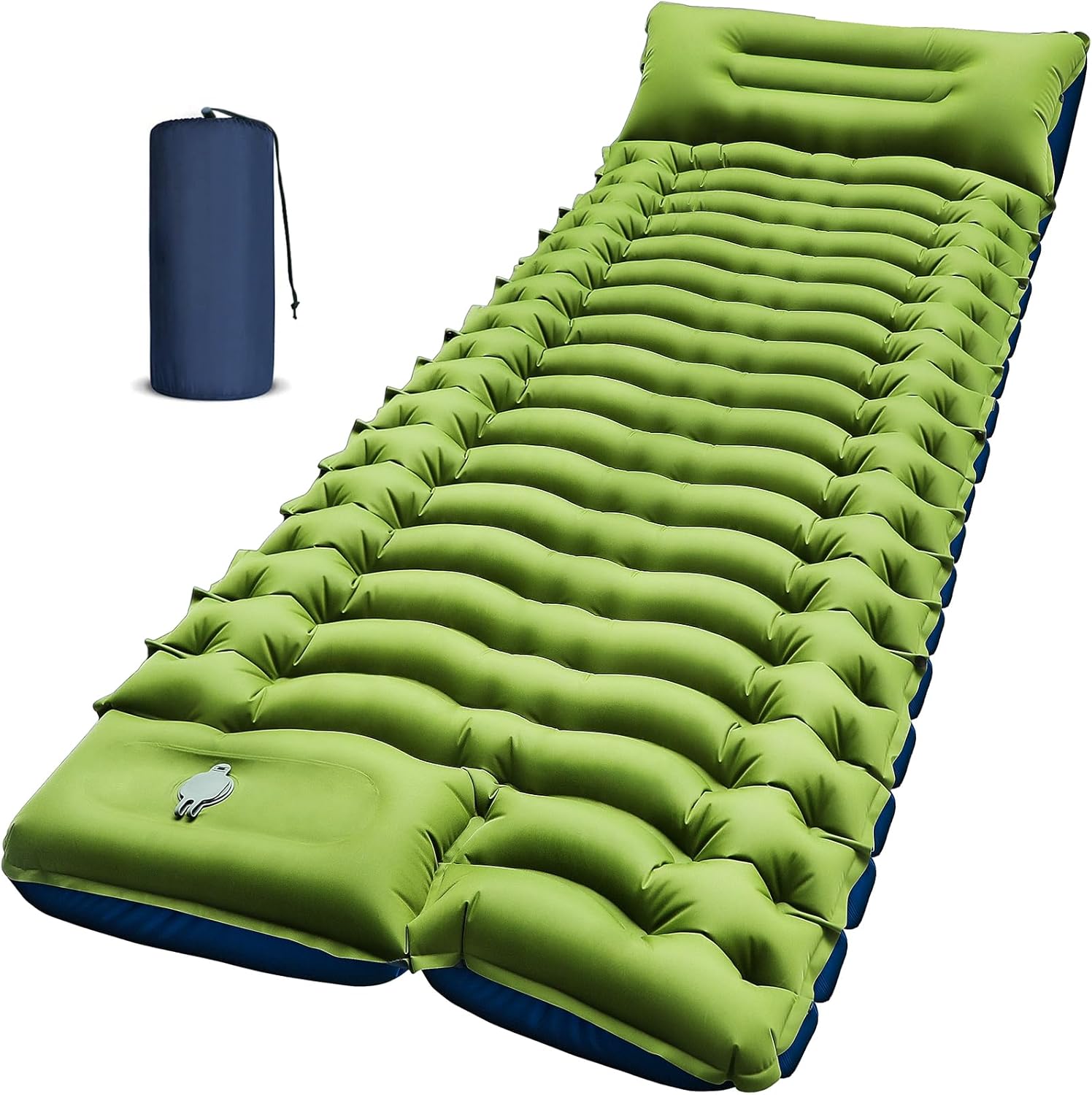 Yuzonc inflatable sleeping pad fully inflated with green top, blue base and built-in pillow, shown next to its navy carry sack
