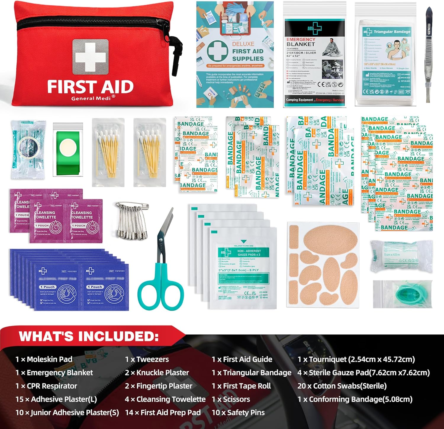 Overhead flat lay showing the red General Medi pouch surrounded by all 92 pieces including scissors, bandages, gauze, tweezers, plasters and safety pins