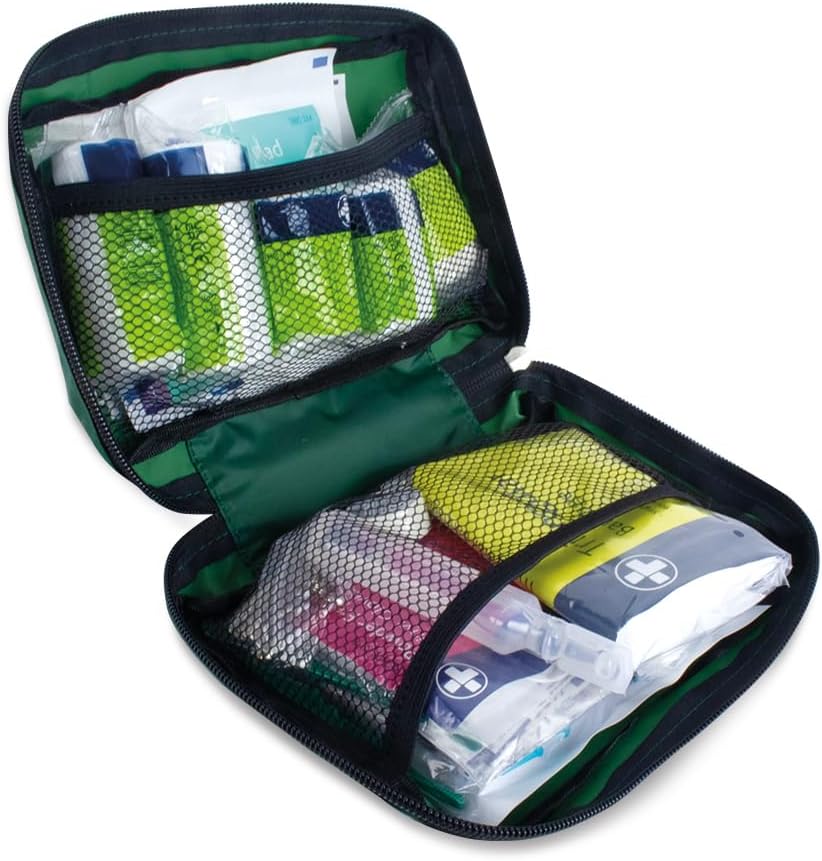 Close-up of the Lewis-Plast first aid kit pouch opened to show the compact size and multiple internal compartments