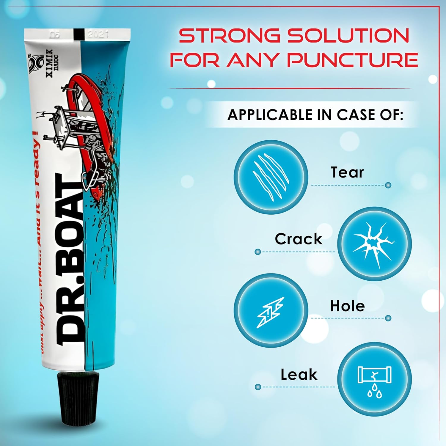 Detail view of the Dr.Boat repair kit tube and its PVC gel formula