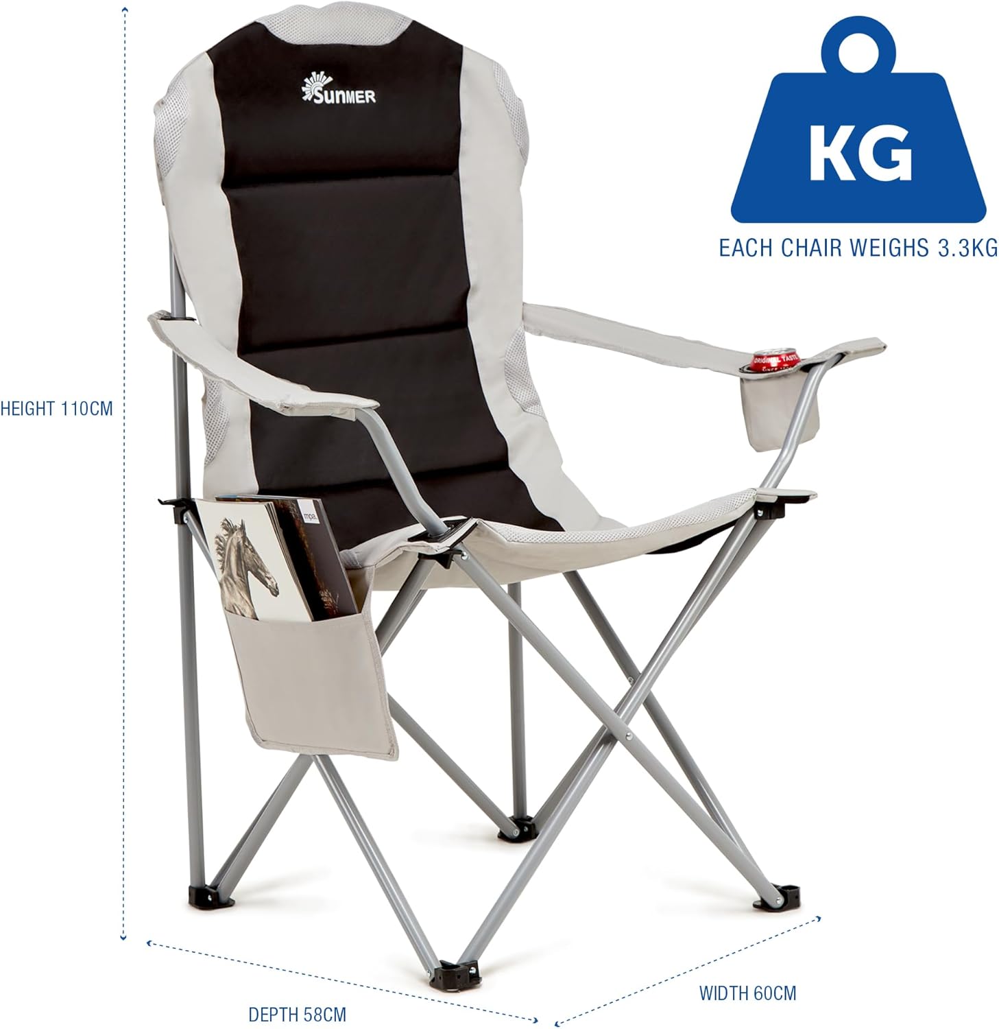 Detail of the SUNMER chair armrest showing the integrated phone holder and cup holder