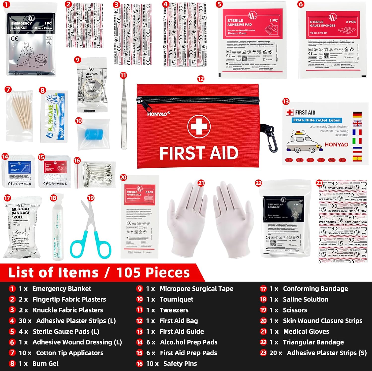 Close-up detail of the individually sealed contents inside the HONYAO first aid kit