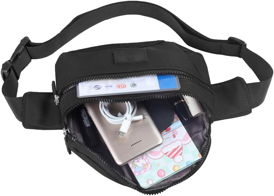 Close-up of the adjustable webbing belt and slide buckle on the bum bag