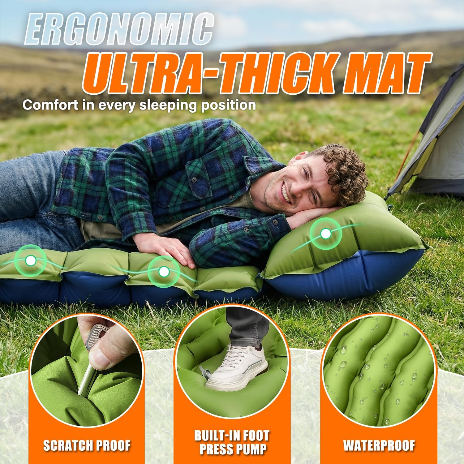 Man lying on the Yuzonc ultra-thick mat beside a tent on grass, showing the ergonomic air-cell design and built-in pillow