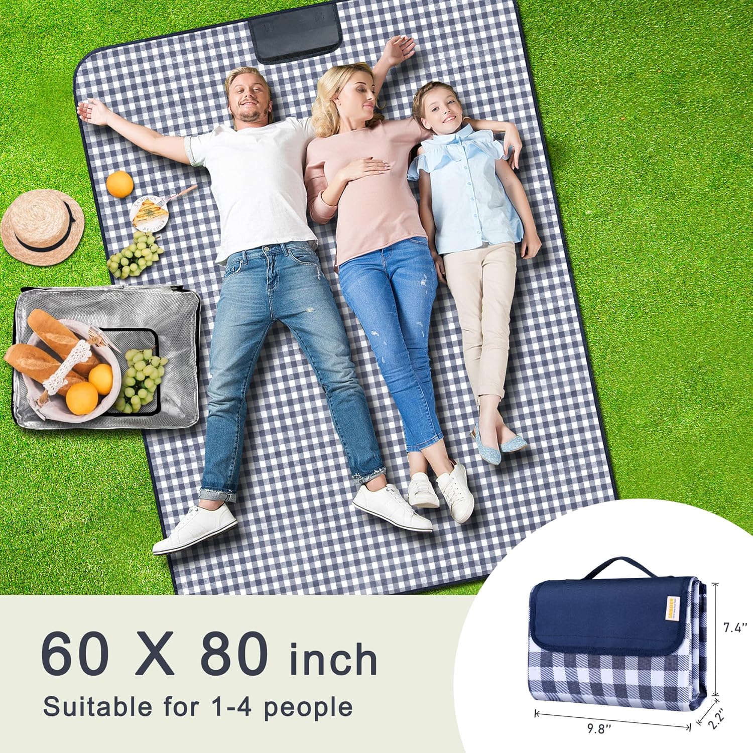 SAMSIER picnic blanket partially folded showing velcro closure and handle detail