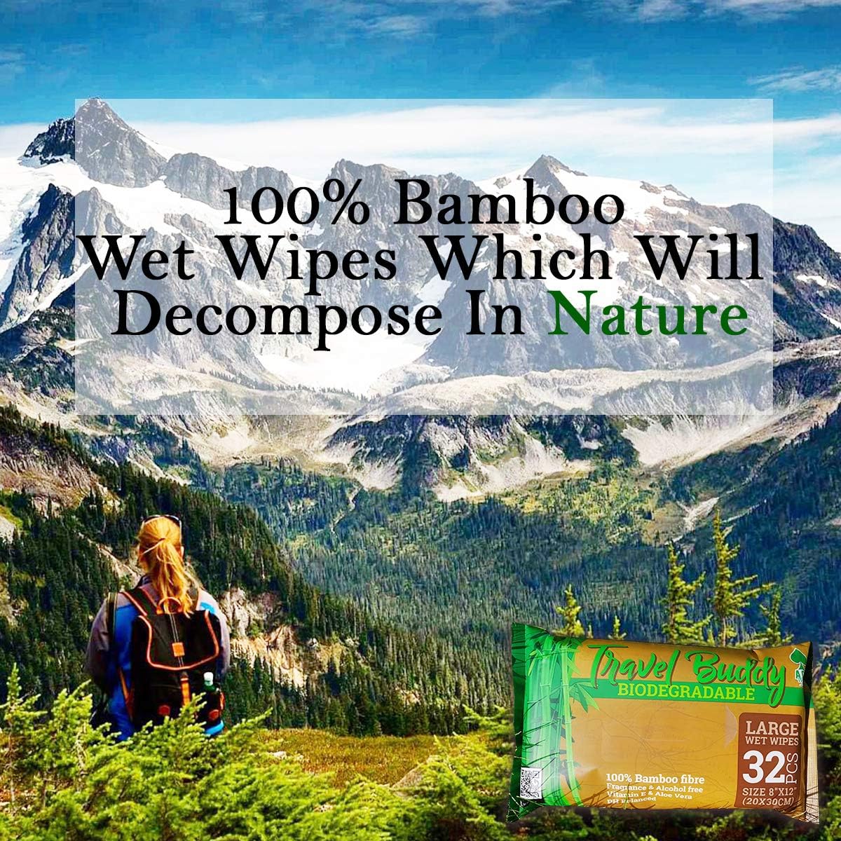 Hiker overlooking mountains with Ace Travel Buddy biodegradable bamboo wipes pack
