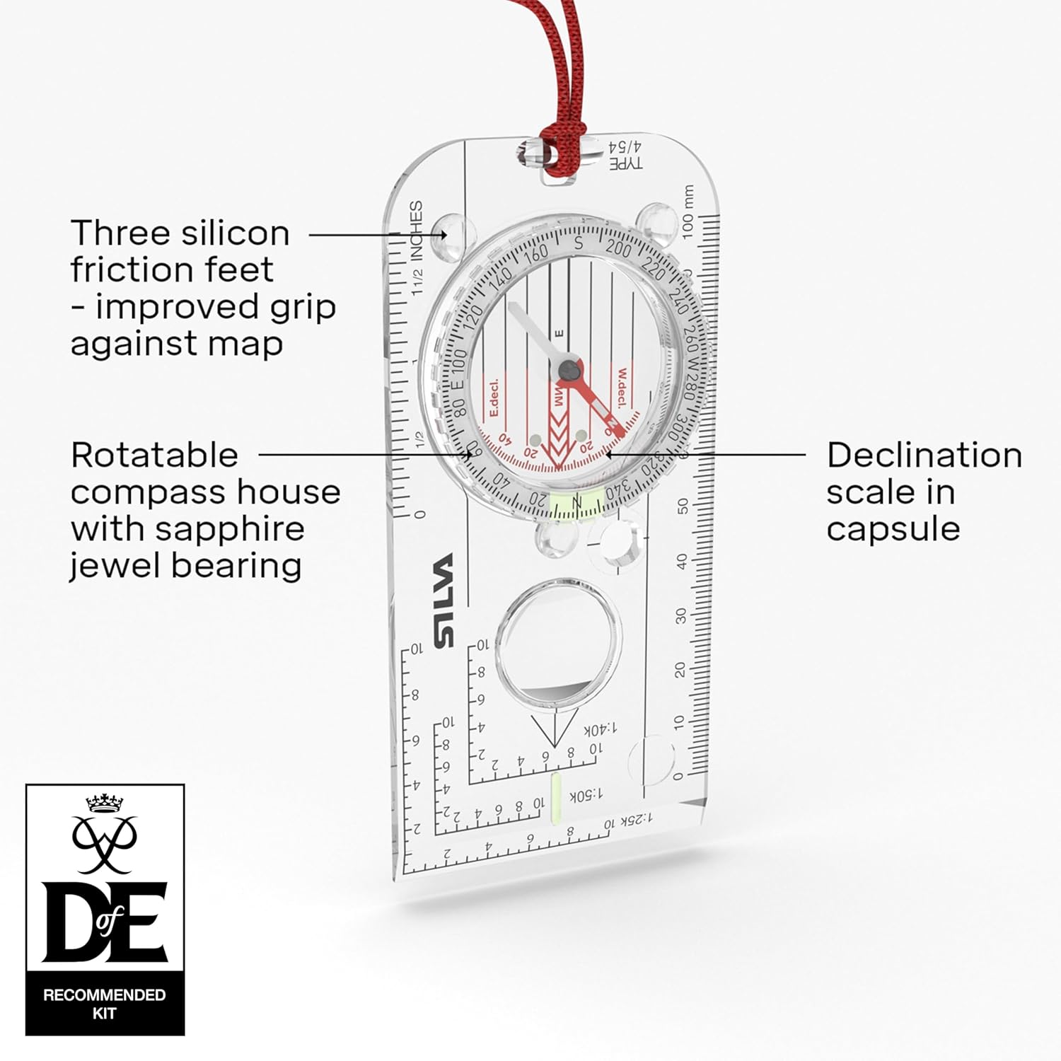 Detail of the Silva Expedition 4 luminous index markings and degree dial for low-light navigation