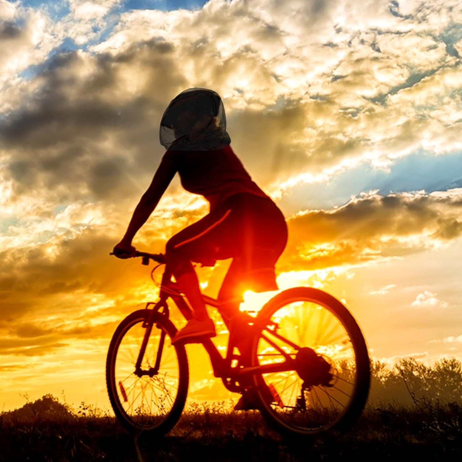 Cyclist silhouetted against a golden sunset wearing the mesh head net while riding through open countryside