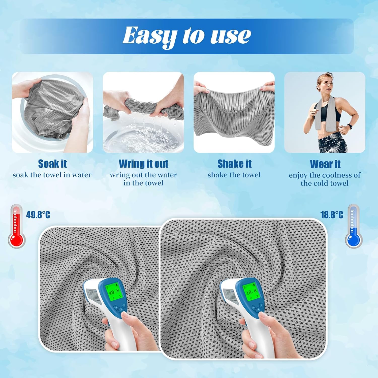 Four-step guide showing soak, wring, shake and wear, with a thermometer reading dropping from 49.8C to 18.8C on the fabric