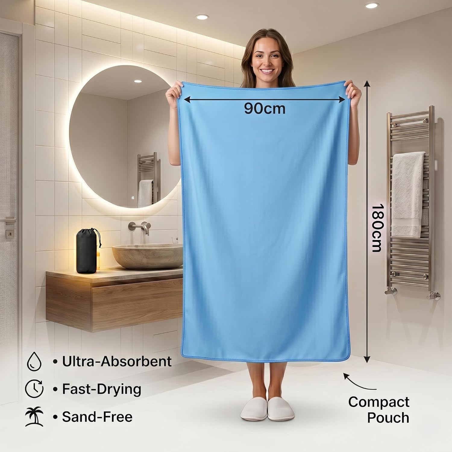 HomlyPro towel dimensions infographic showing the 180cm by 90cm size