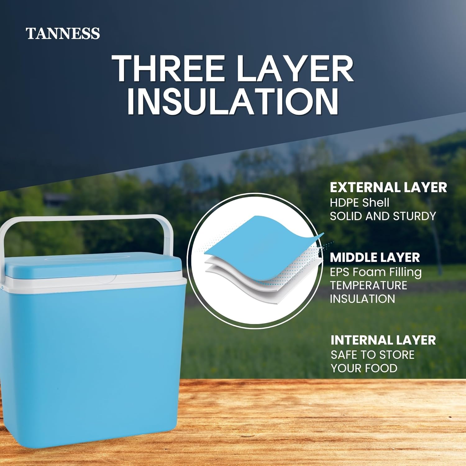 Tanness diagram of the three layer insulation showing HDPE shell, EPS foam filling and food-safe inner layer