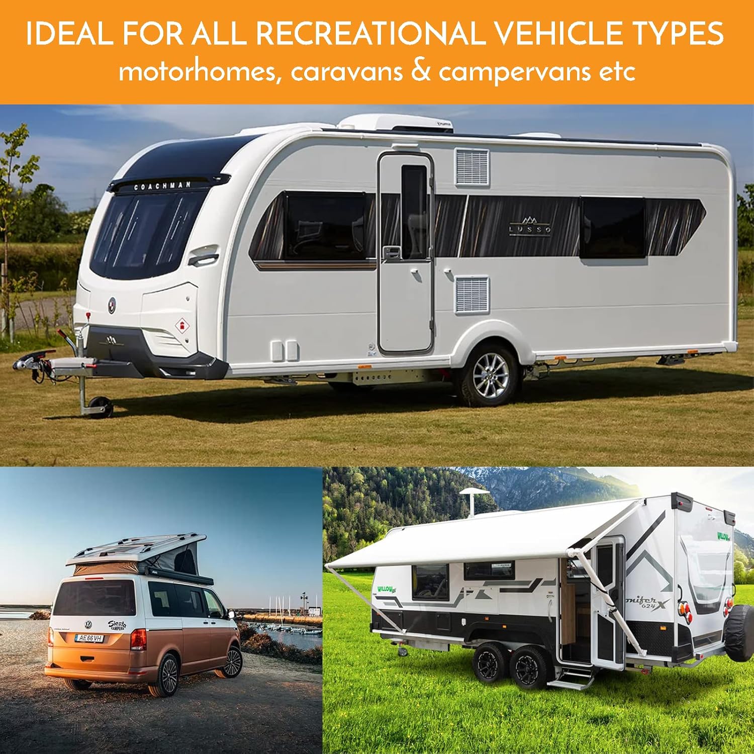 Listing graphic showing the hook up lead suits motorhomes, caravans and campervans