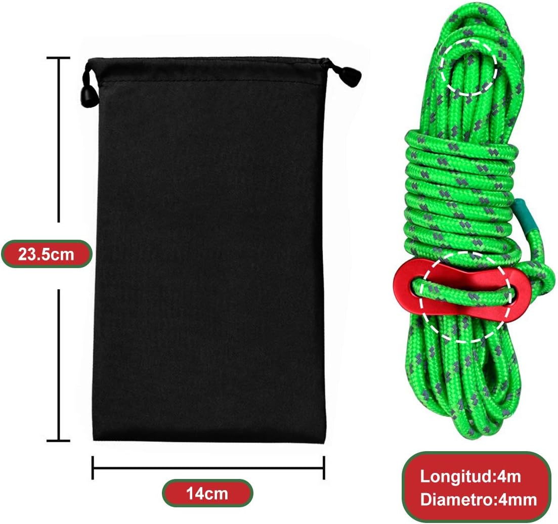 Dimension diagram showing the black carry pouch at 23.5cm by 14cm beside a coiled green rope labelled Longitud 4m and Diametro 4mm in Spanish