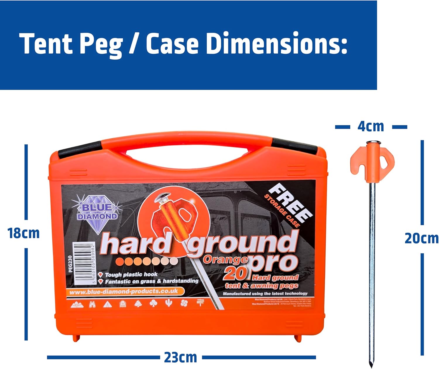Listing dimensions chart showing the Blue Diamond tent peg at 20cm long with a 4cm head and the carry case at 23cm by 18cm
