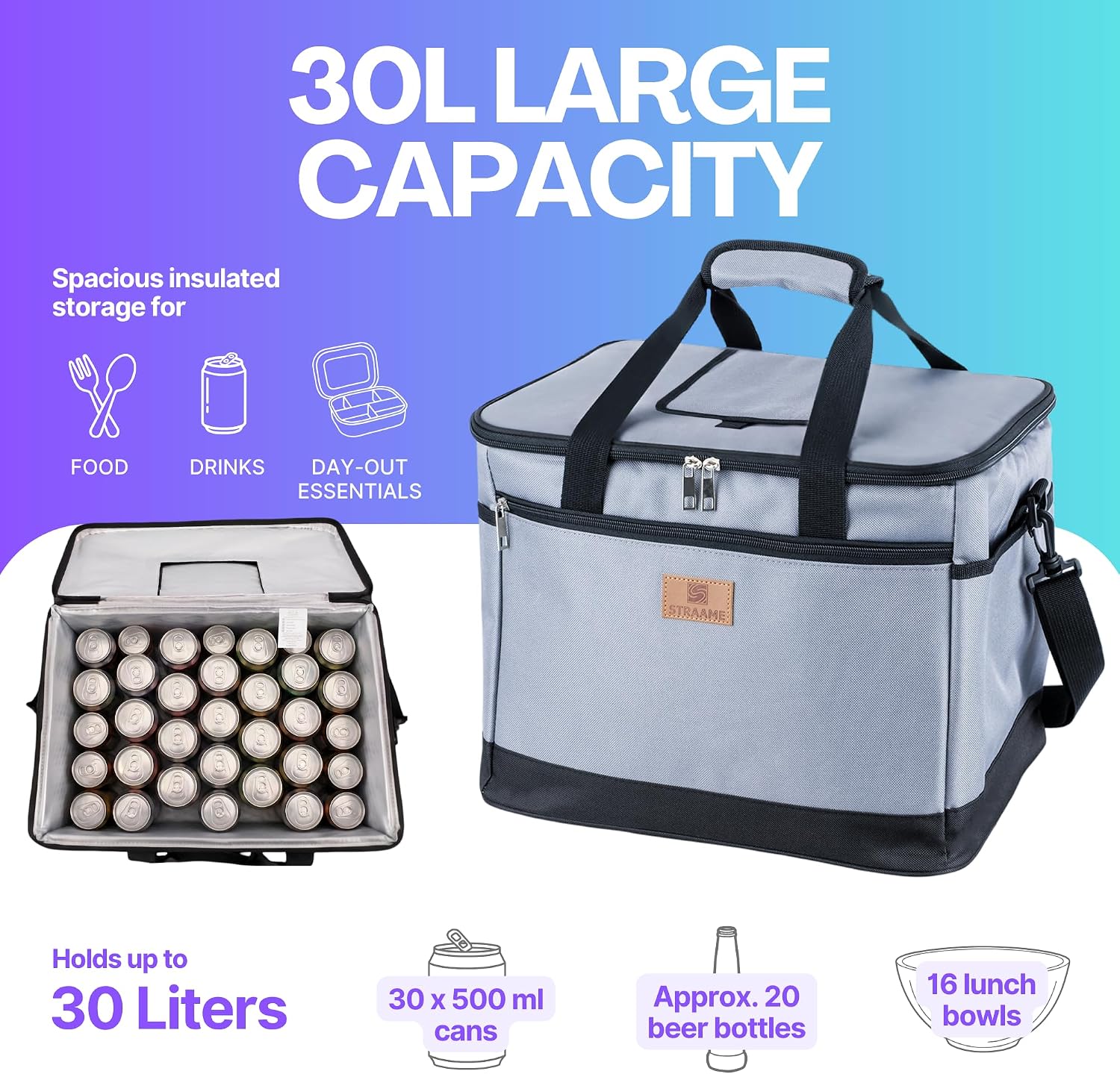 Straame 30L cooler bag capacity infographic showing it holds 30 500ml cans, around 20 beer bottles or 16 lunch bowls