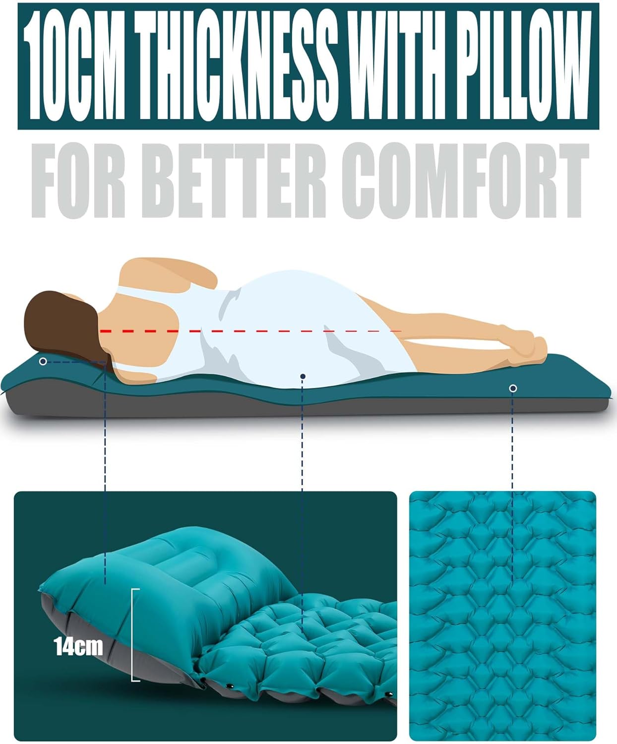 Illustration of a sleeper lying flat on the AKSOUL mat showing the 10cm thickness and 14cm pillow keeping the spine level