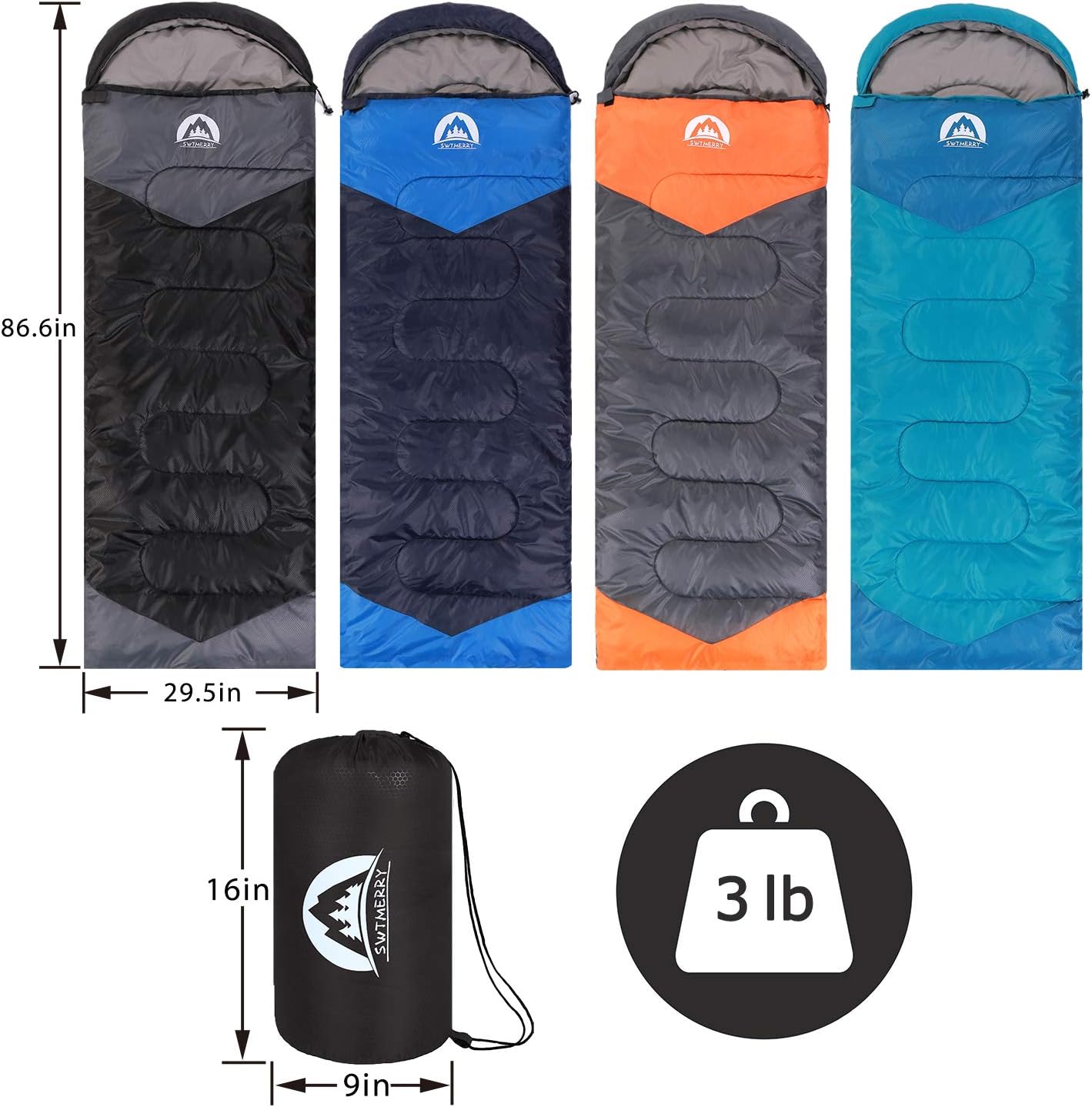 SWTMERRY size chart showing 86.6 inch length, 29.5 inch width, 16 by 9 inch pack size and 3lb weight across four colour options
