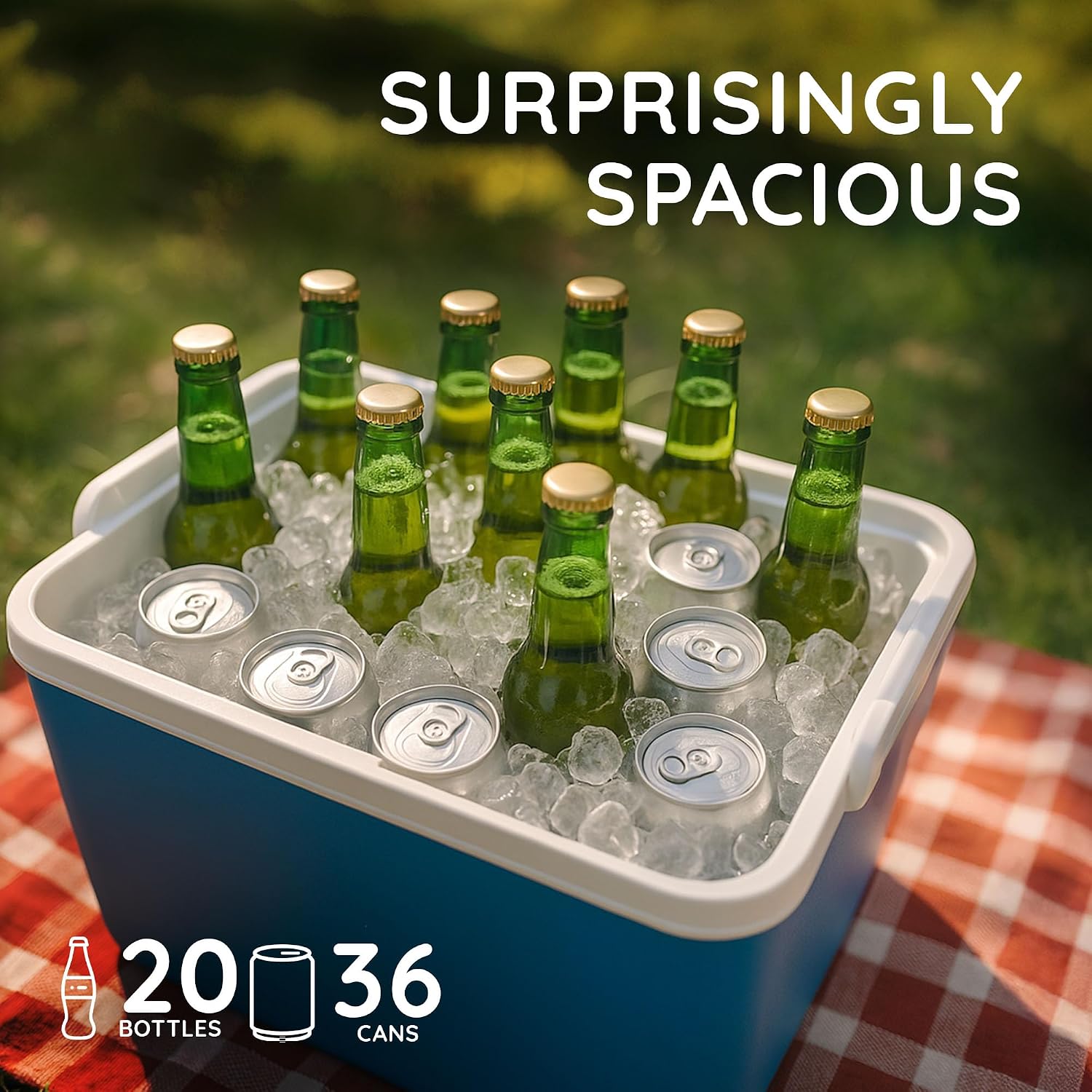 CUQOO listing infographic showing the 30 litre box packed with bottles and cans and a 20 bottles / 36 cans capacity claim