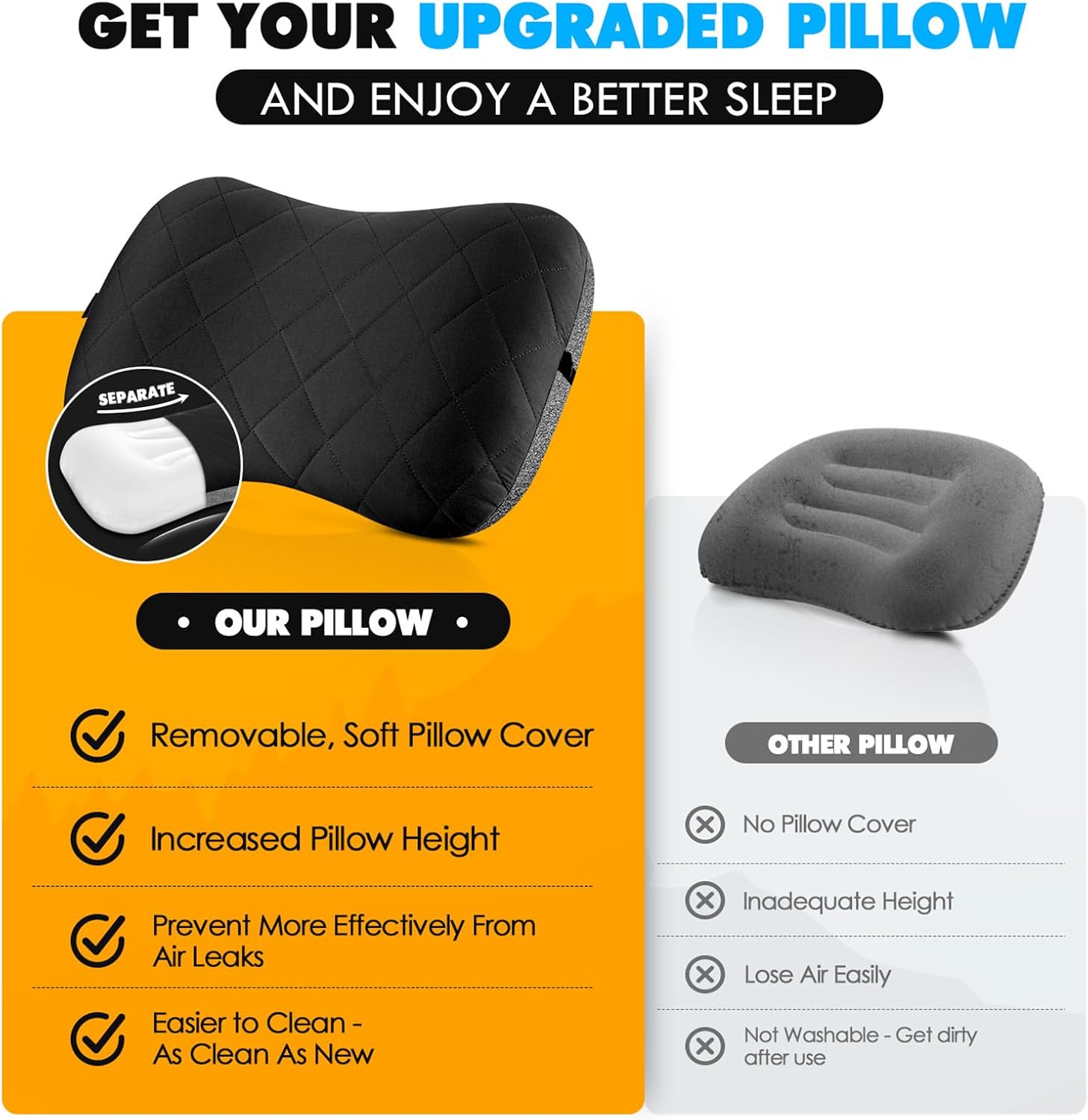 Comparison graphic of the quilted HIKENTURE pillow with removable cover against a flat basic inflatable pillow
