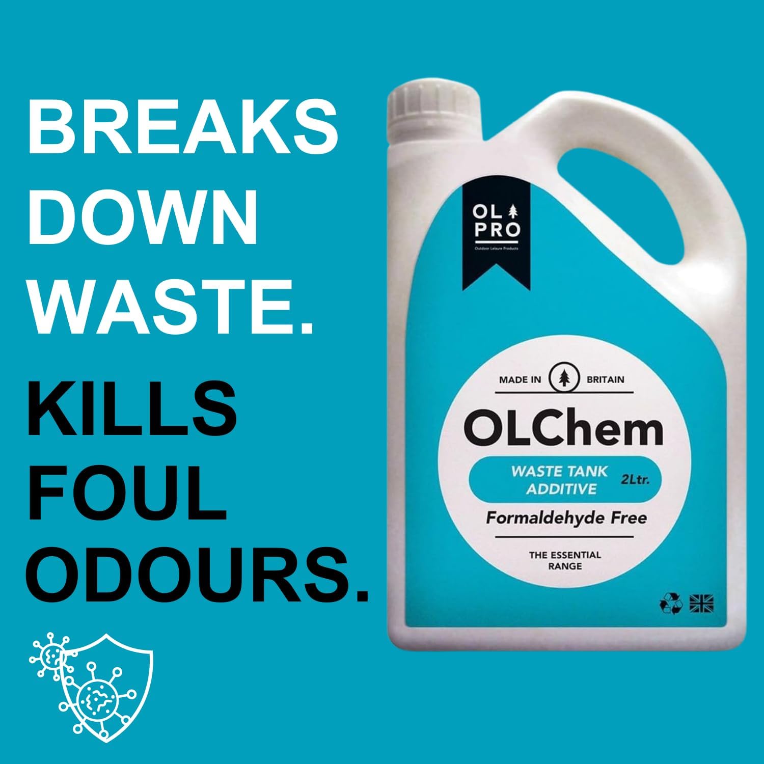Teal OLChem waste tank additive bottle beside the listing claim BREAKS DOWN WASTE. KILLS FOUL ODOURS.