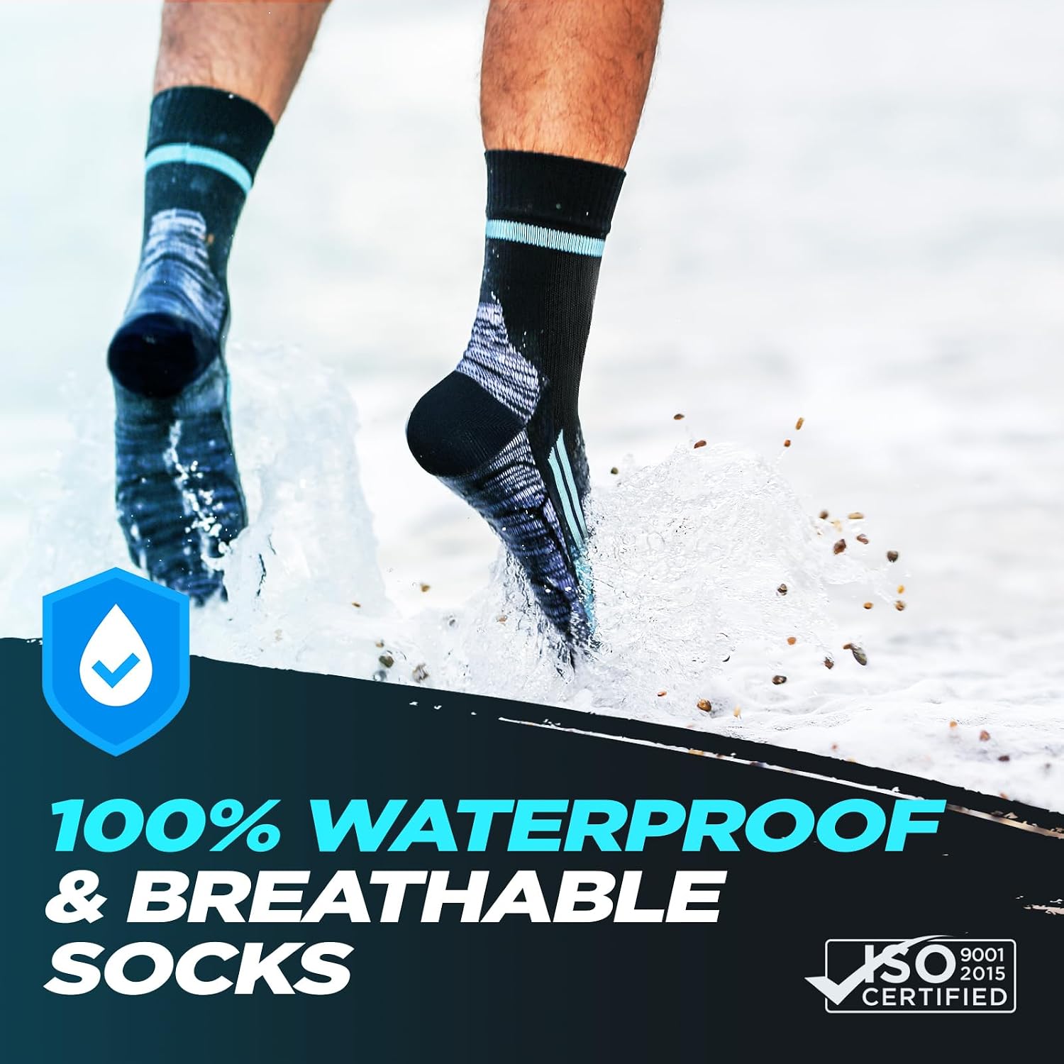 Walker splashing through shallow water in ArcticDry socks, beside the listing's 100 percent waterproof claim and ISO 9001 badge