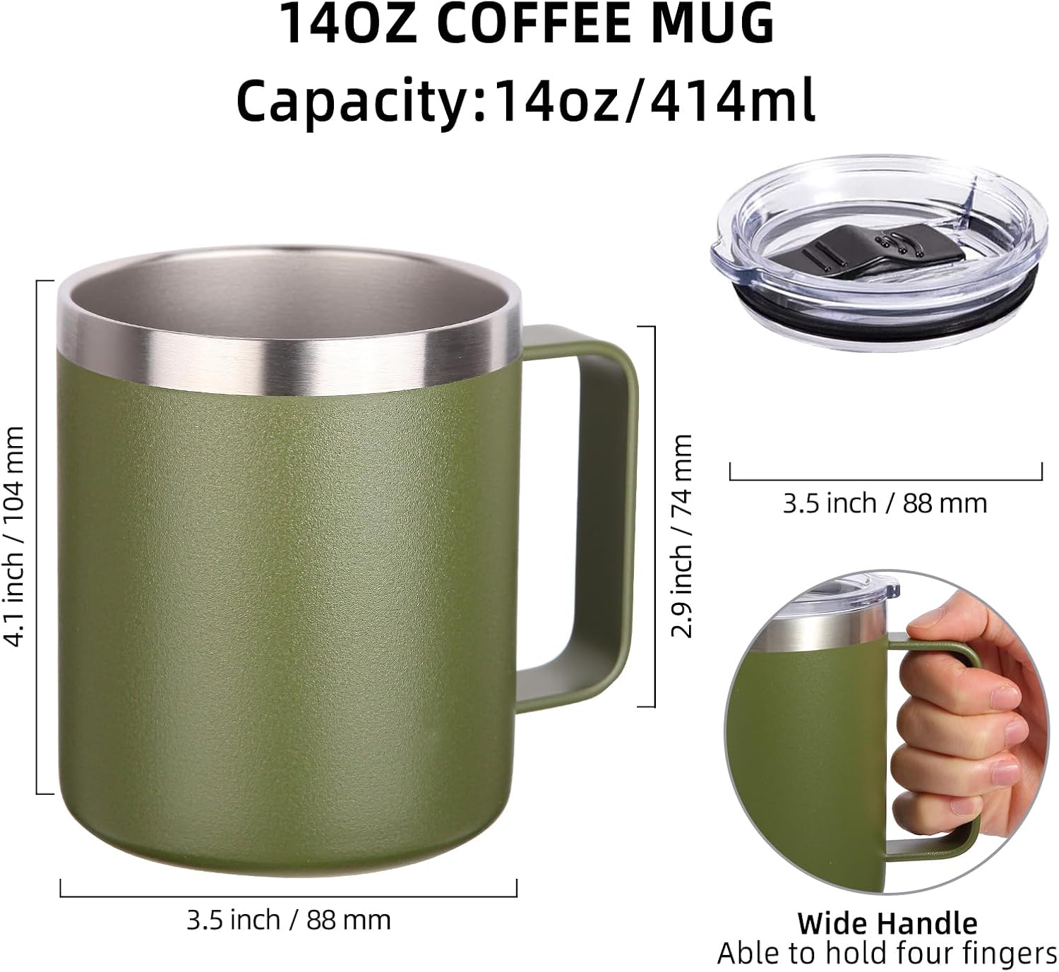 Volhoply spec sheet: 14oz 414ml capacity, 104mm tall, 88mm wide, 74mm handle, with an inset of the clear lid's black slider and rubber sealing ring