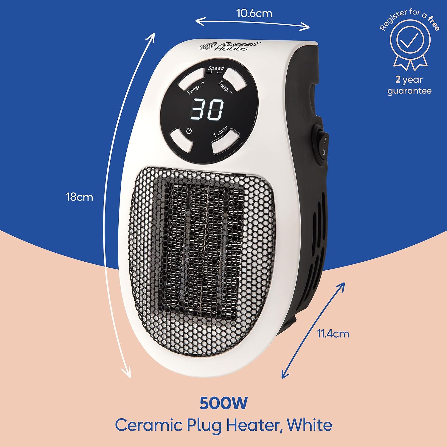 Russell Hobbs RHPH2001 dimensions graphic showing 18cm tall, 10.6cm wide and 11.4cm deep, labelled 500W ceramic plug heater with a two year guarantee badge