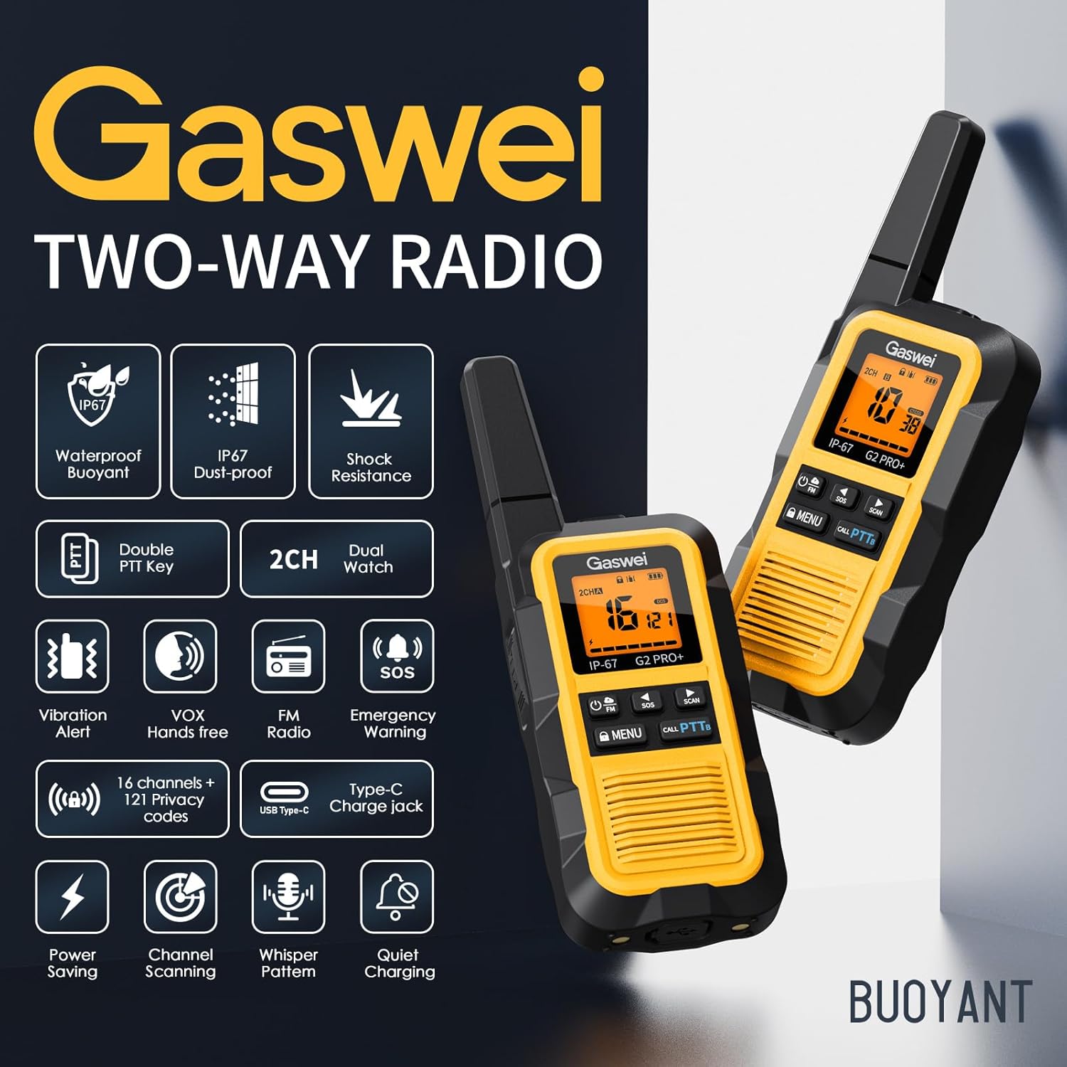 Gaswei two-way radio feature grid listing IP67 waterproof and buoyant, double PTT key, dual watch, VOX, FM radio, SOS, 16 channels plus 121 privacy codes and Type-C charging