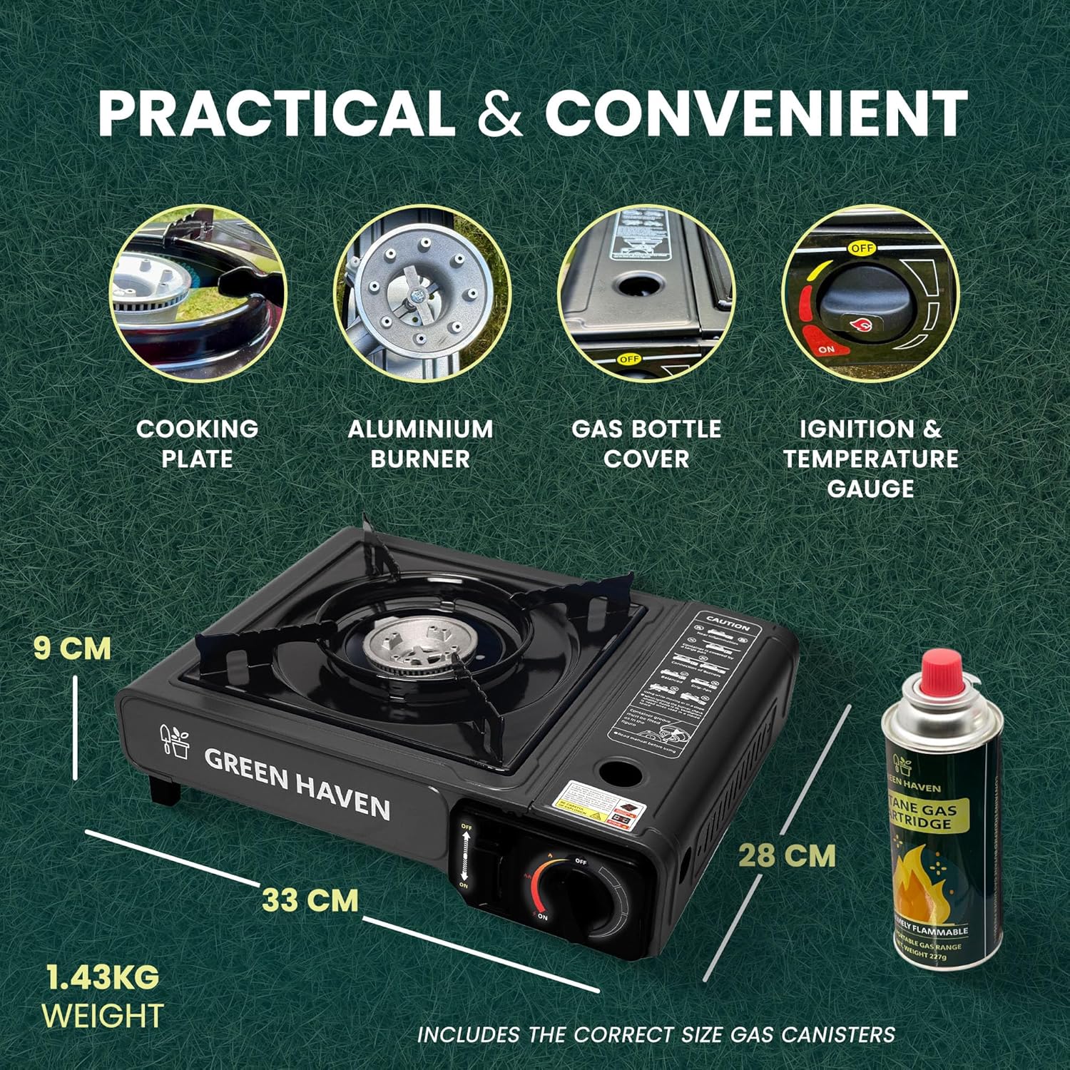 Green Haven stove dimensions and features overview showing 33cm x 28cm x 9cm measurements, 1.43kg weight, and feature callouts