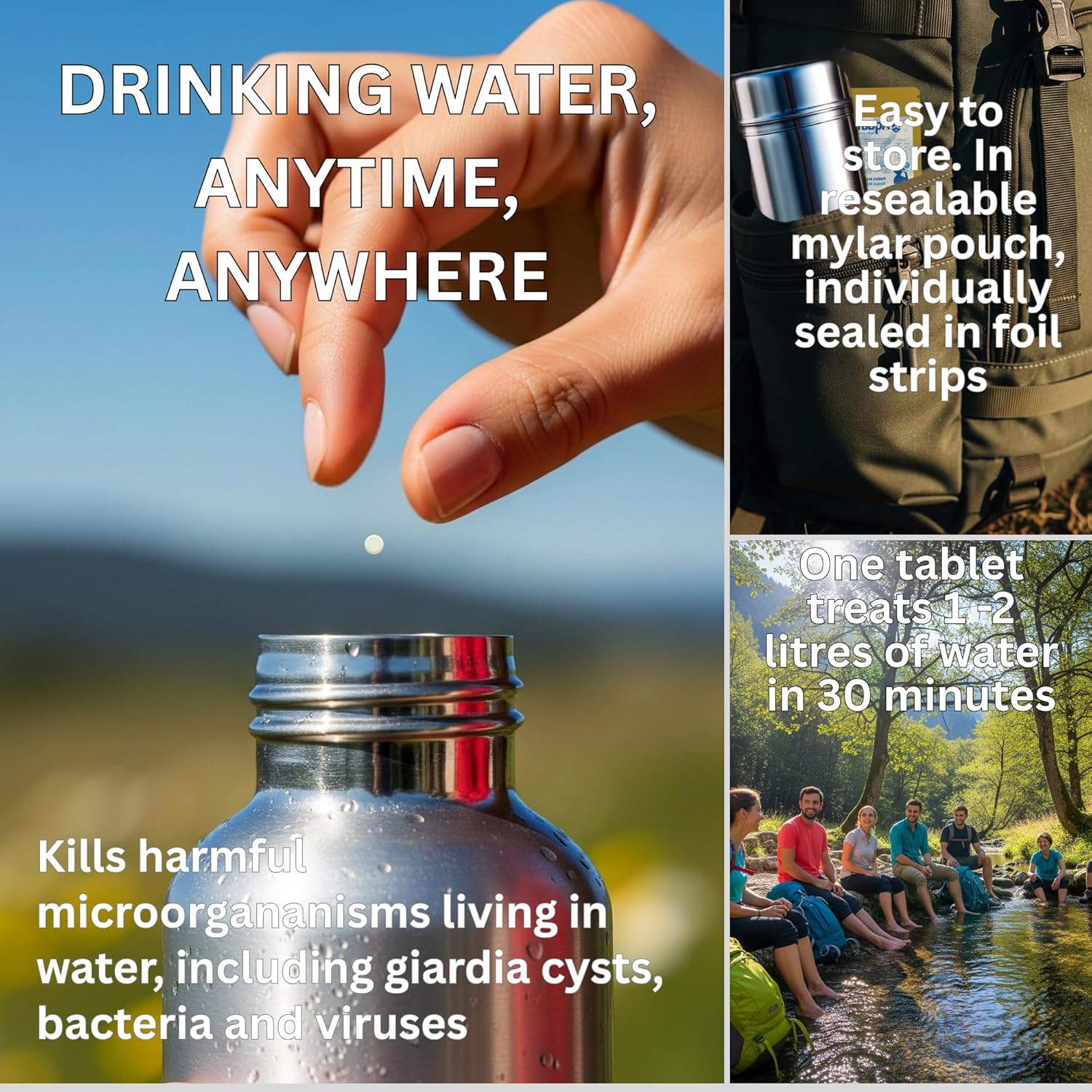 Aquatab tablet being dropped into a water bottle with callouts showing it kills bacteria, viruses and giardia cysts