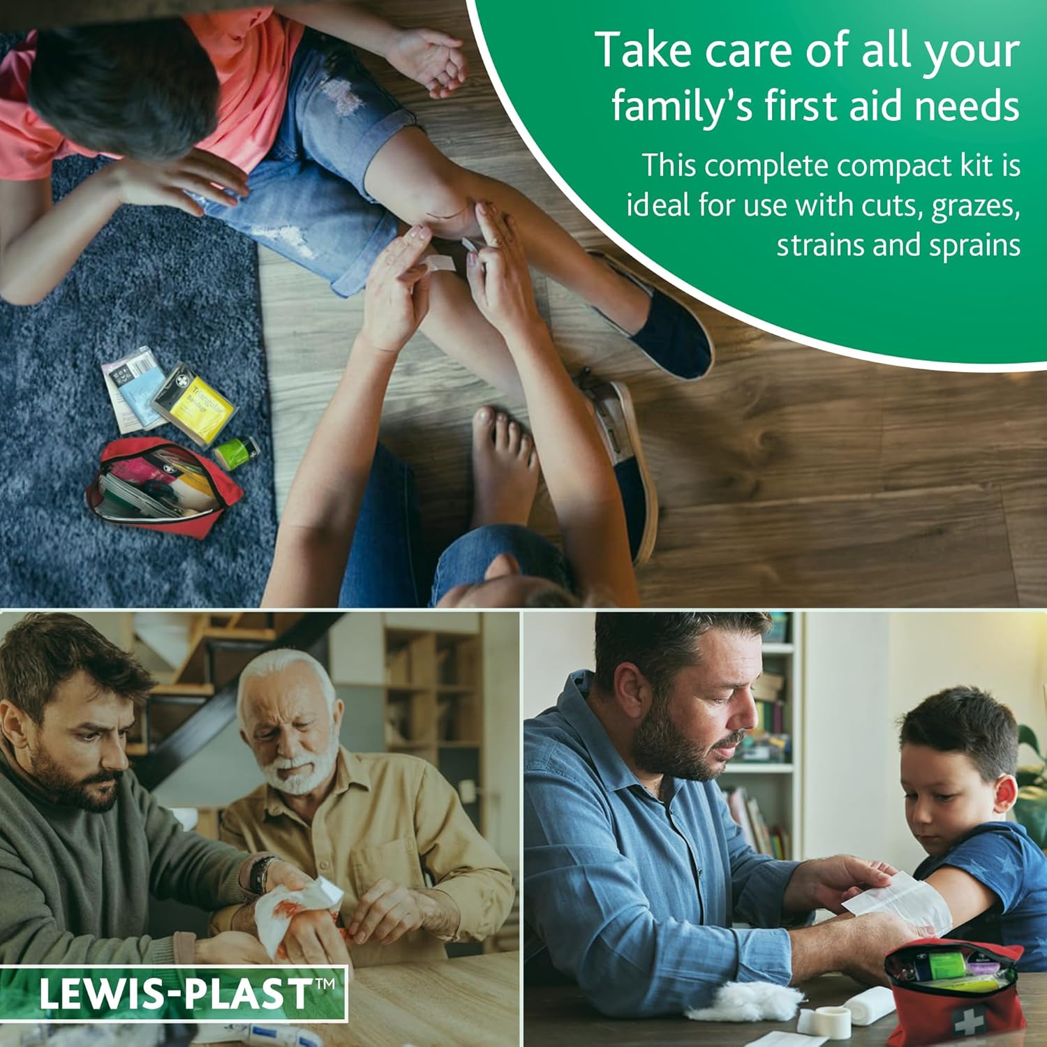 Collage showing a parent treating a child's grazed knee, an adult dressing a hand wound and a father applying a plaster to a child's elbow with the caption Take care of all your family's first aid needs