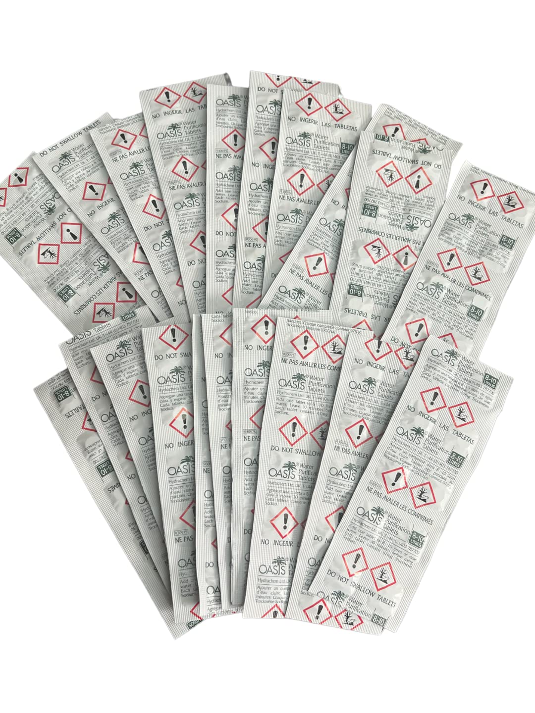 Wide spread of around 20 individual Oasis blister strips arranged on a white background, showing the bulk quantity of the 200-tablet pack