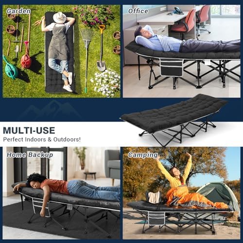 Overmont camp bed shown in four settings: garden lounging, office naps, home guest bed and camping
