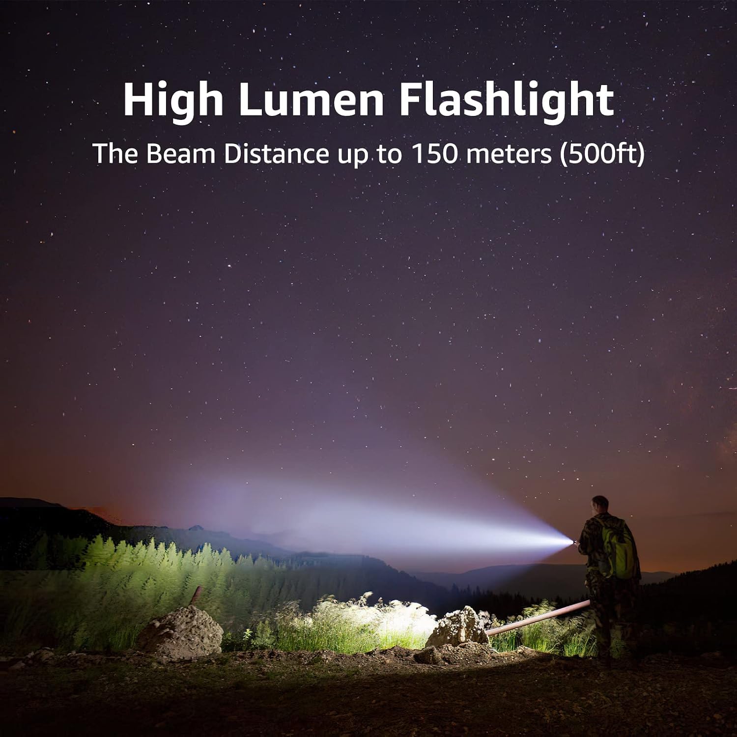 The LE torch beam reaching across a valley at night with a caption stating a beam distance up to 150 metres