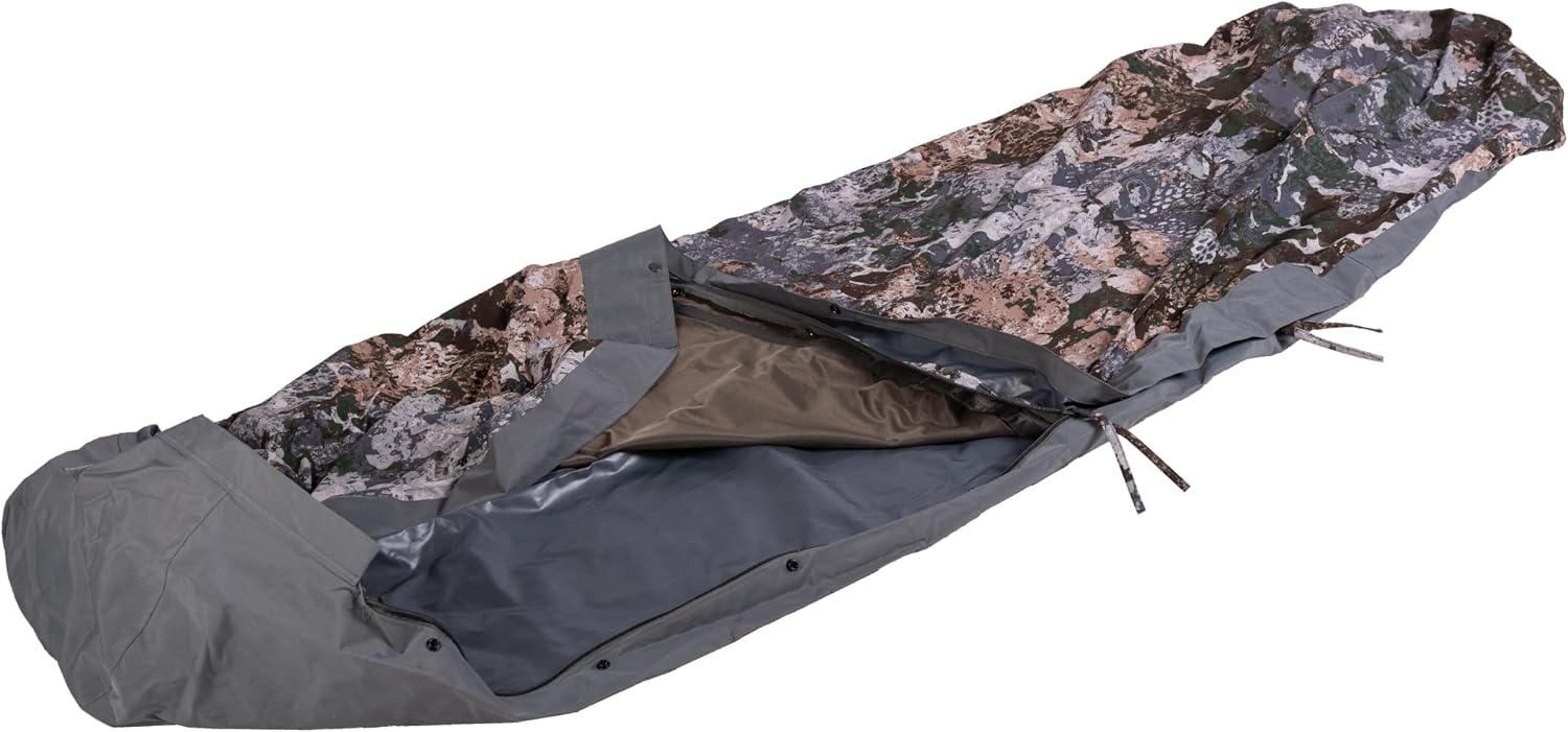 Mil-Tec sleeping bag cover open along its side zip showing the grey coated floor panel and camouflage top layer