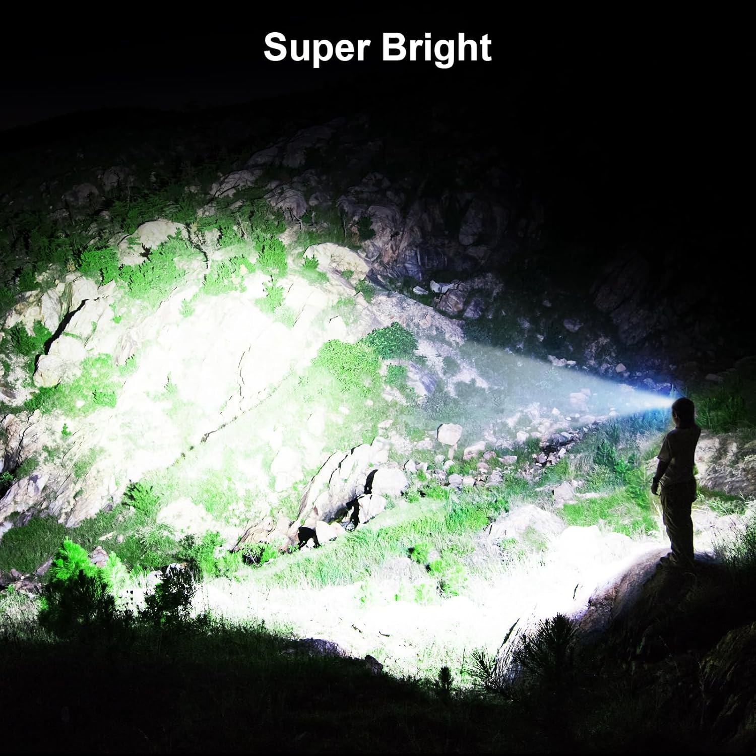 Head torch lighting up a dark rocky cave with a powerful white beam