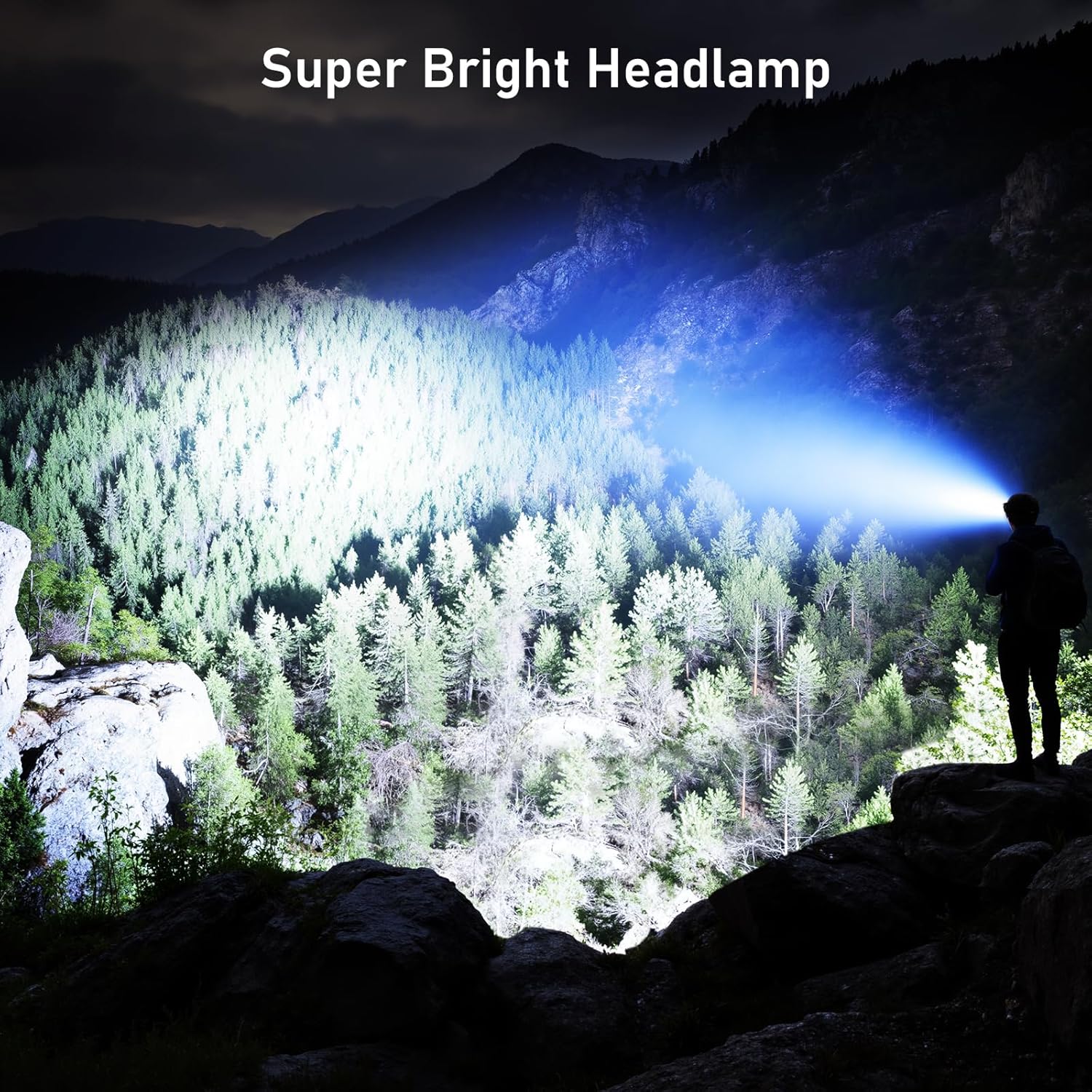 Blukar headlamp super bright beam lighting up mountain valley at night