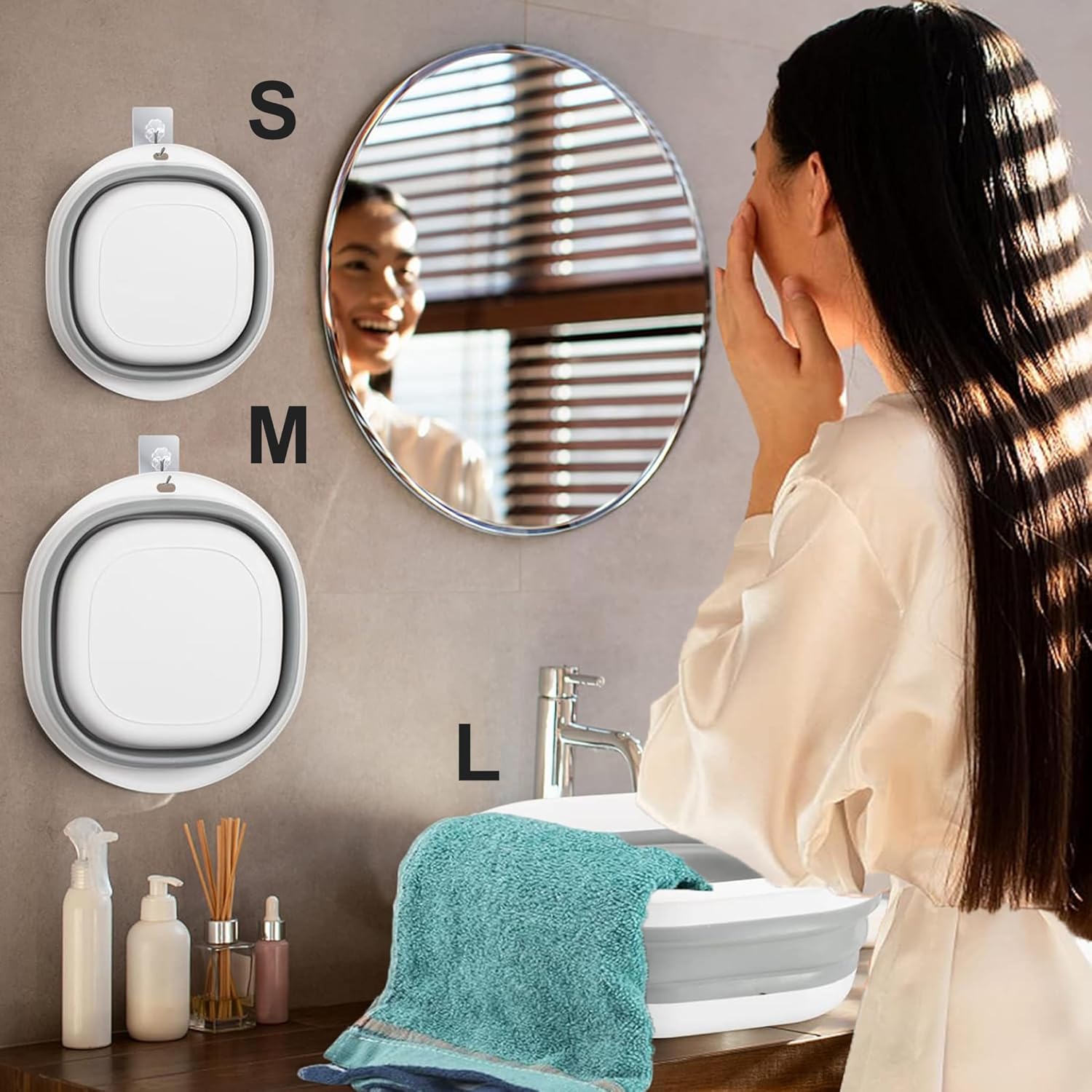 Bathroom lifestyle shot of silicone collapsible bowl hanging on wall hooks