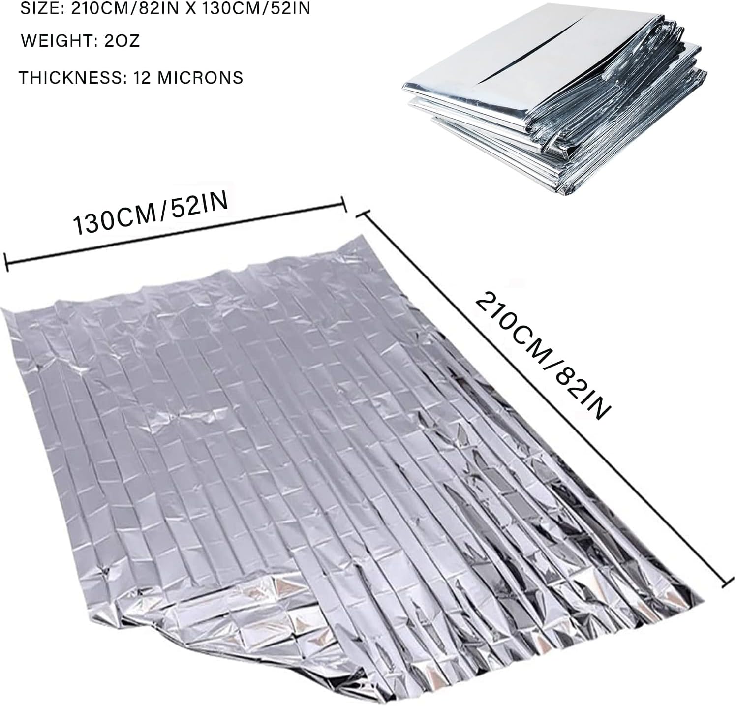 Dimension diagram showing 130cm by 210cm foil blanket size, 12 microns thickness, 2oz weight