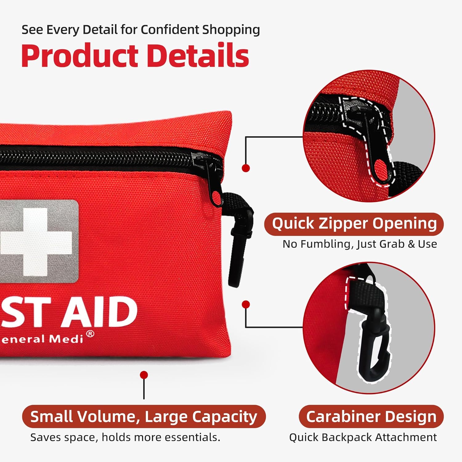 Close up detail of the first aid kit pouch showing the quick-open zipper, carabiner clip and Small Volume Large Capacity label