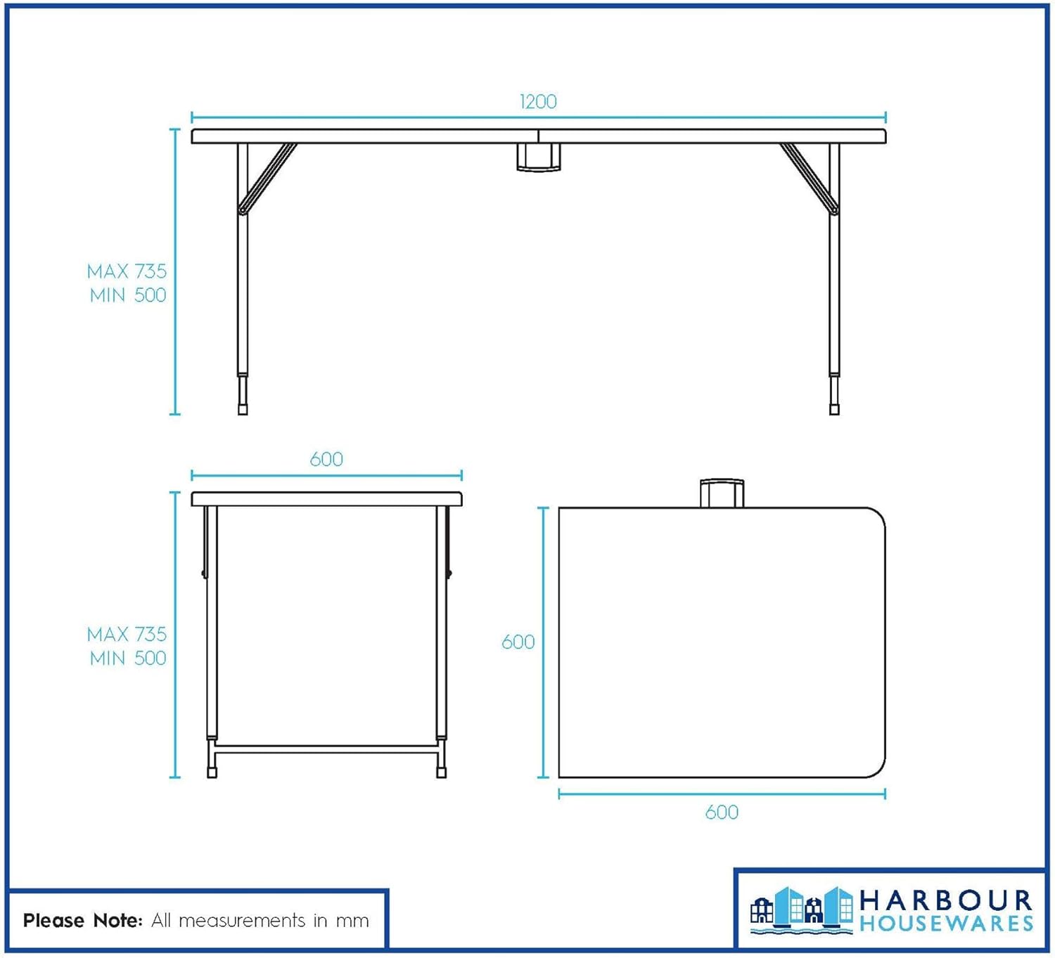 Dimension diagram showing the trestle table measures 1200mm long by 600mm deep, with height adjustable from 500mm to 735mm